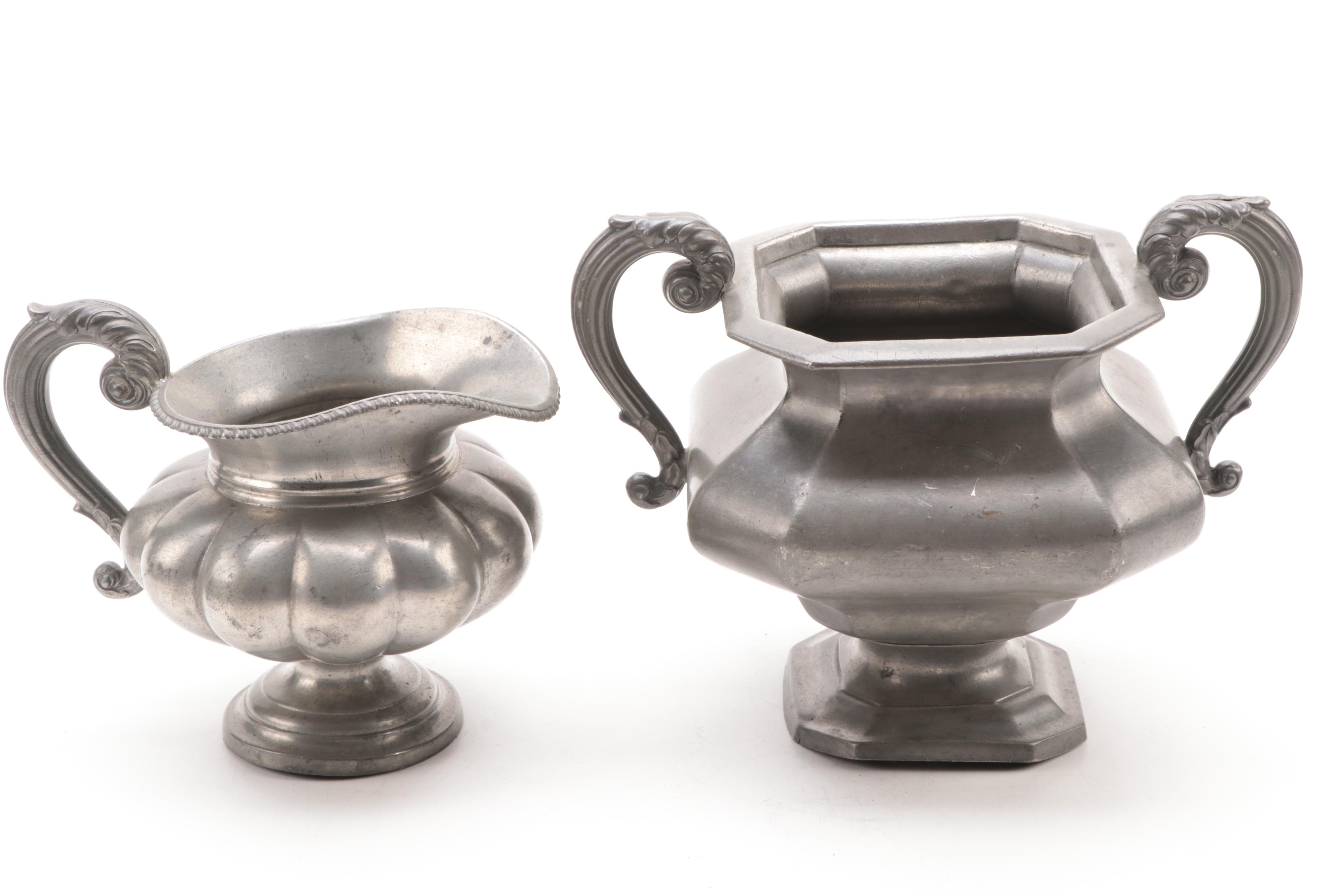 James Dixon and Son Pewter Creamer and Sugar with Other Pewter Kitchenware