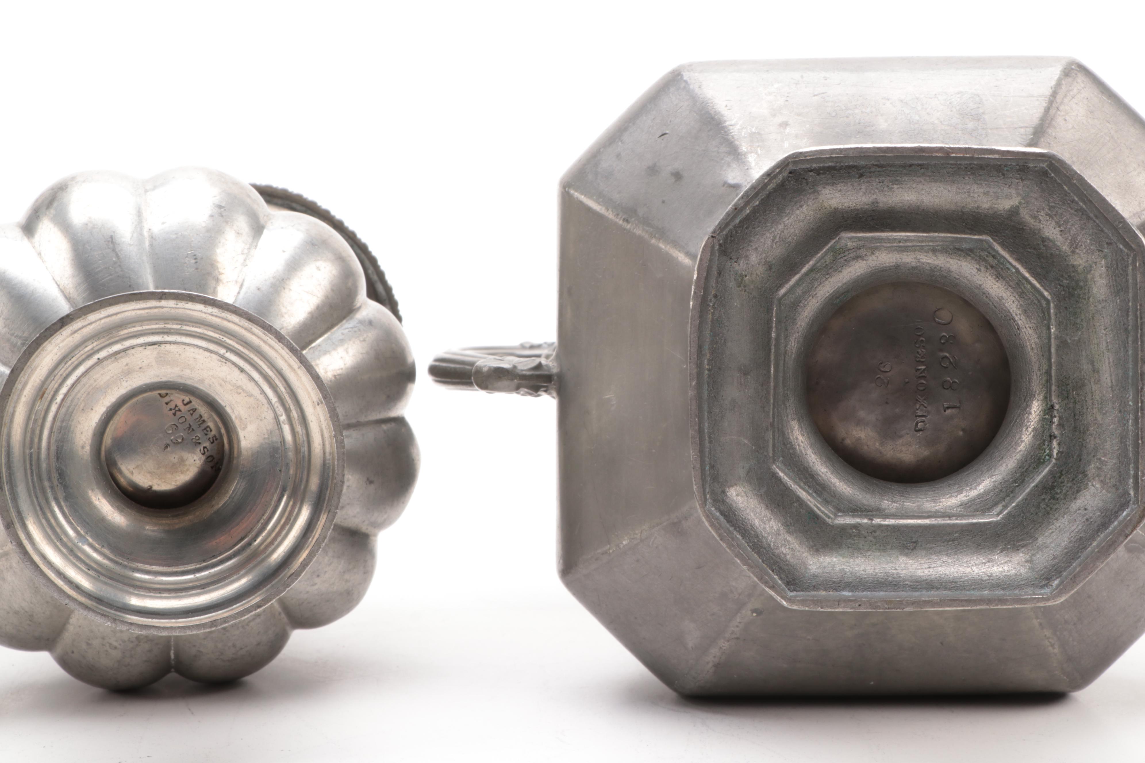 James Dixon and Son Pewter Creamer and Sugar with Other Pewter Kitchenware