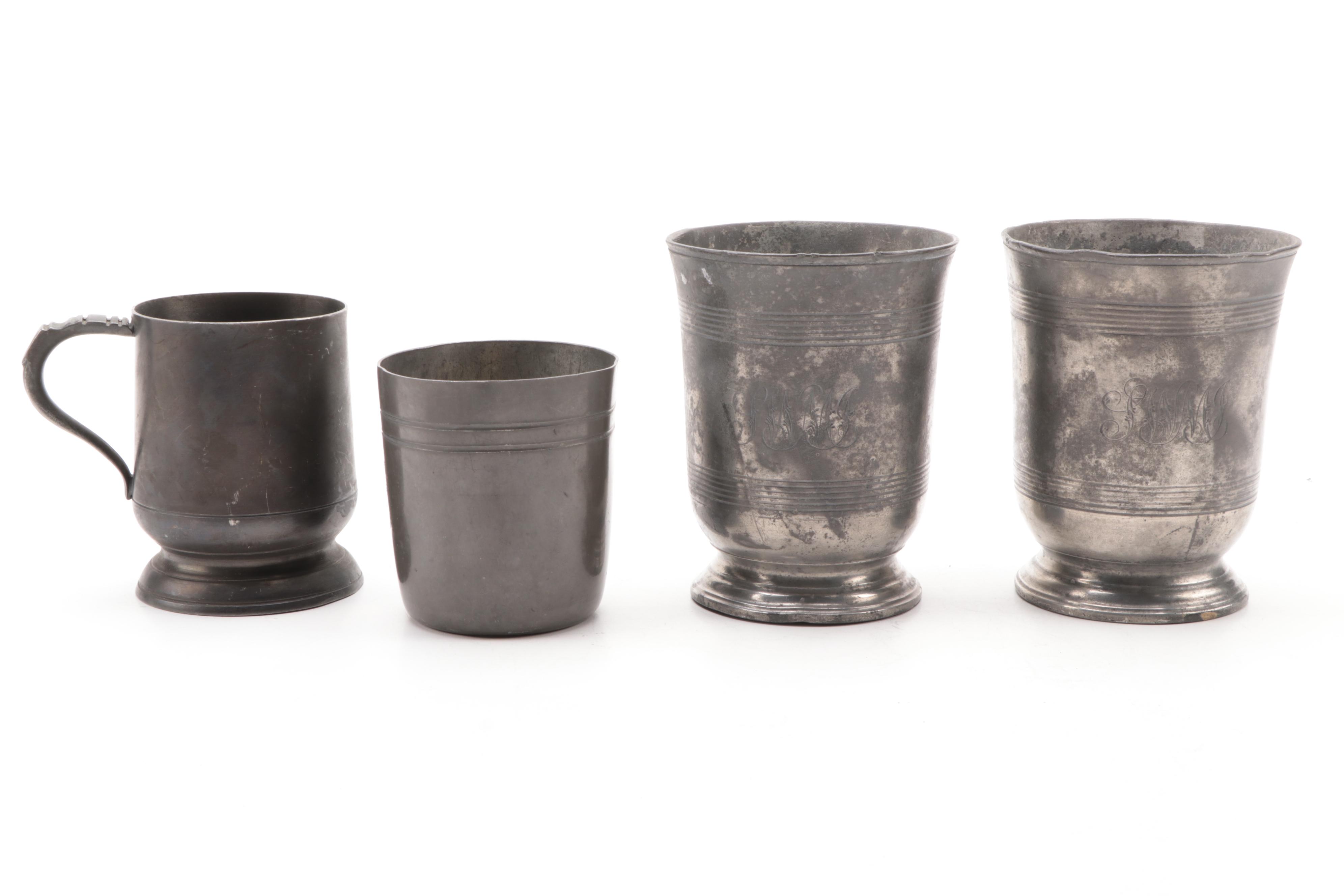 James Dixon and Son Pewter Creamer and Sugar with Other Pewter Kitchenware