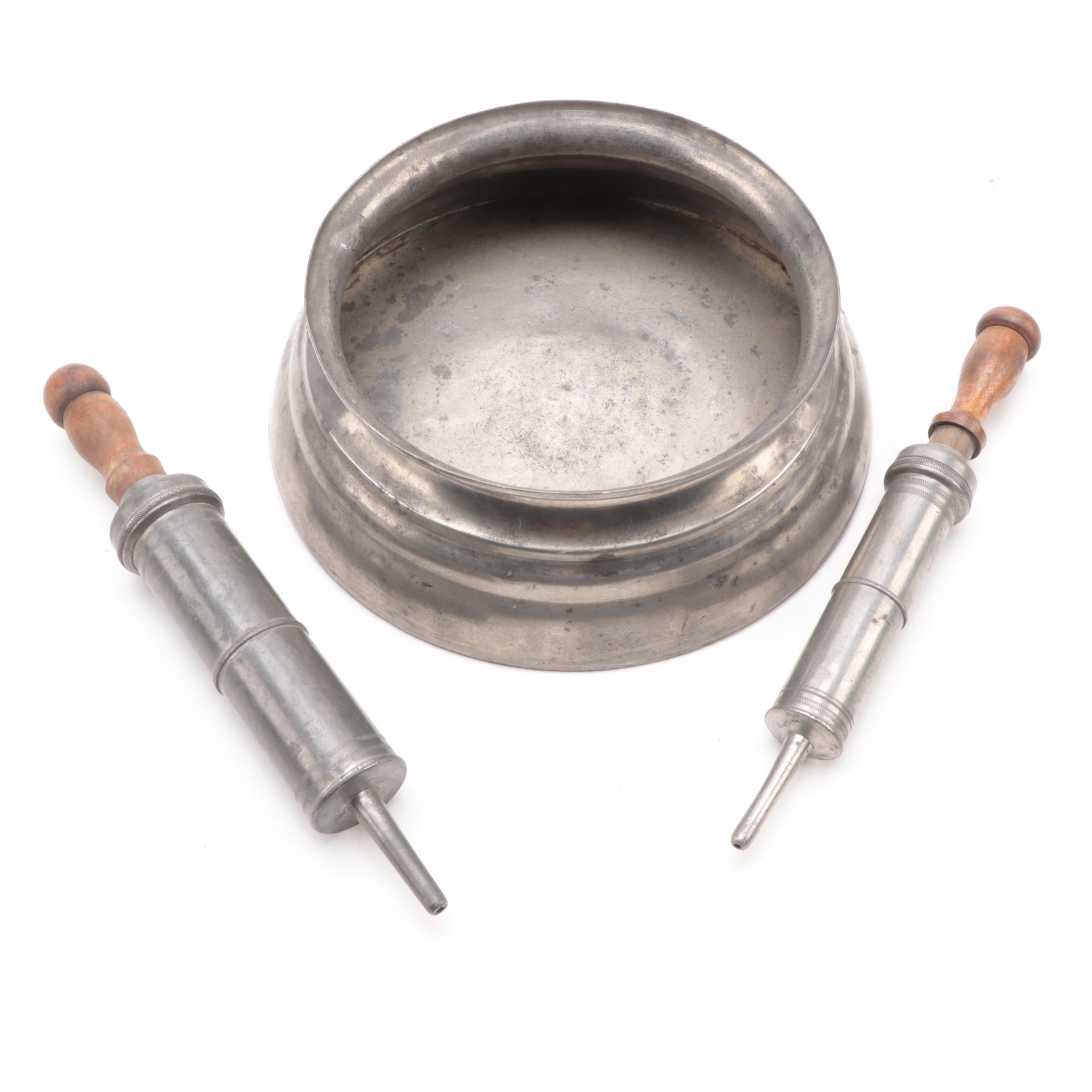 James Dixon and Son Pewter Creamer and Sugar with Other Pewter Kitchenware