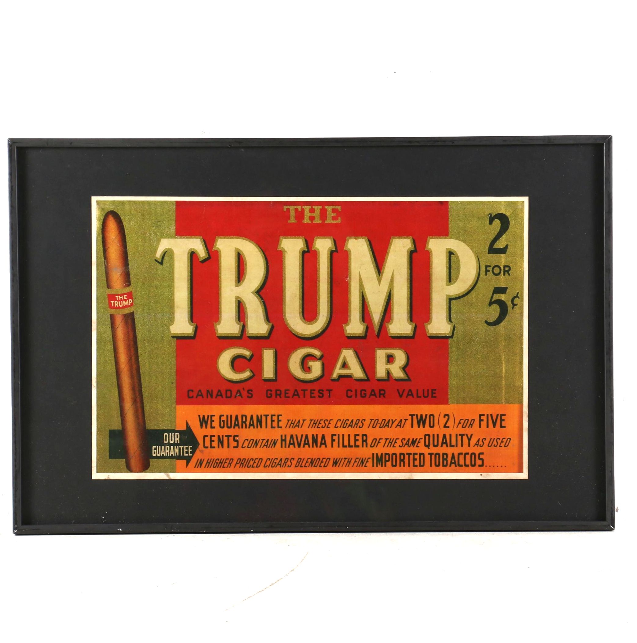 Trump Cigar Framed Letterpress Halftone Label, Late 19th to Early 20th Century
