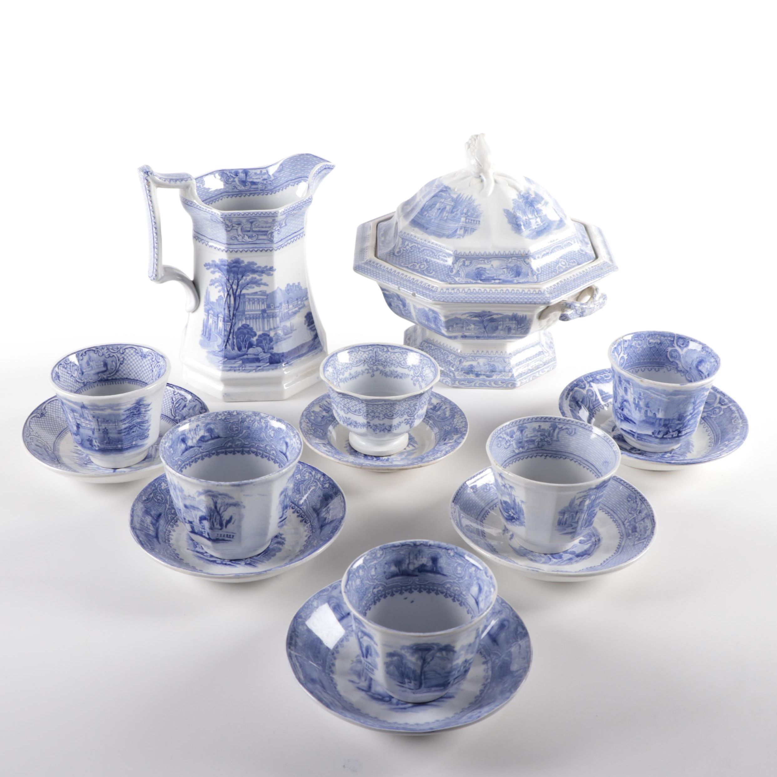 English "Doria" Tureen and Other Blue and White Ironstone Transferware, 19th C.