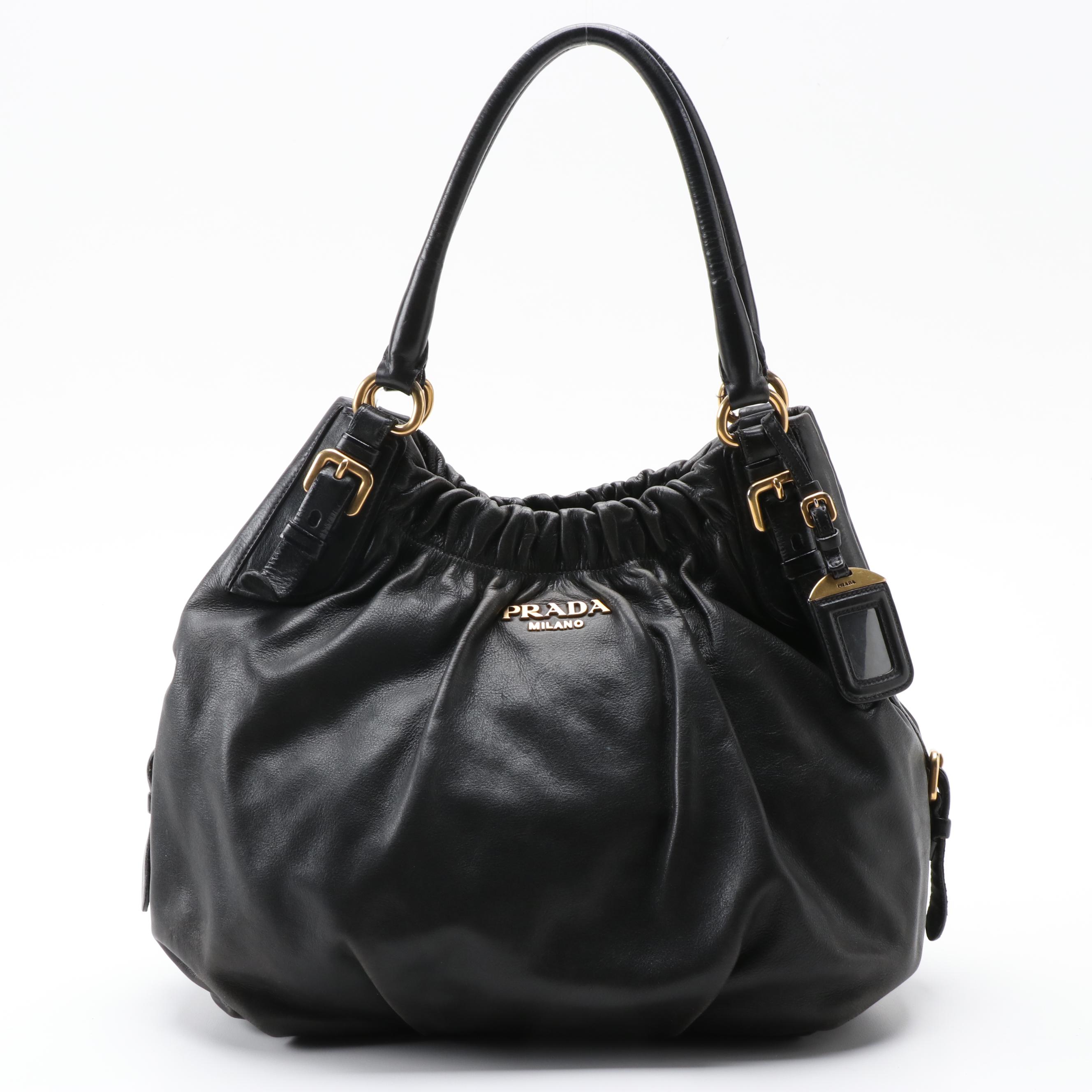 Prada Black Soft Calf Leather Gathered Hobo Bag