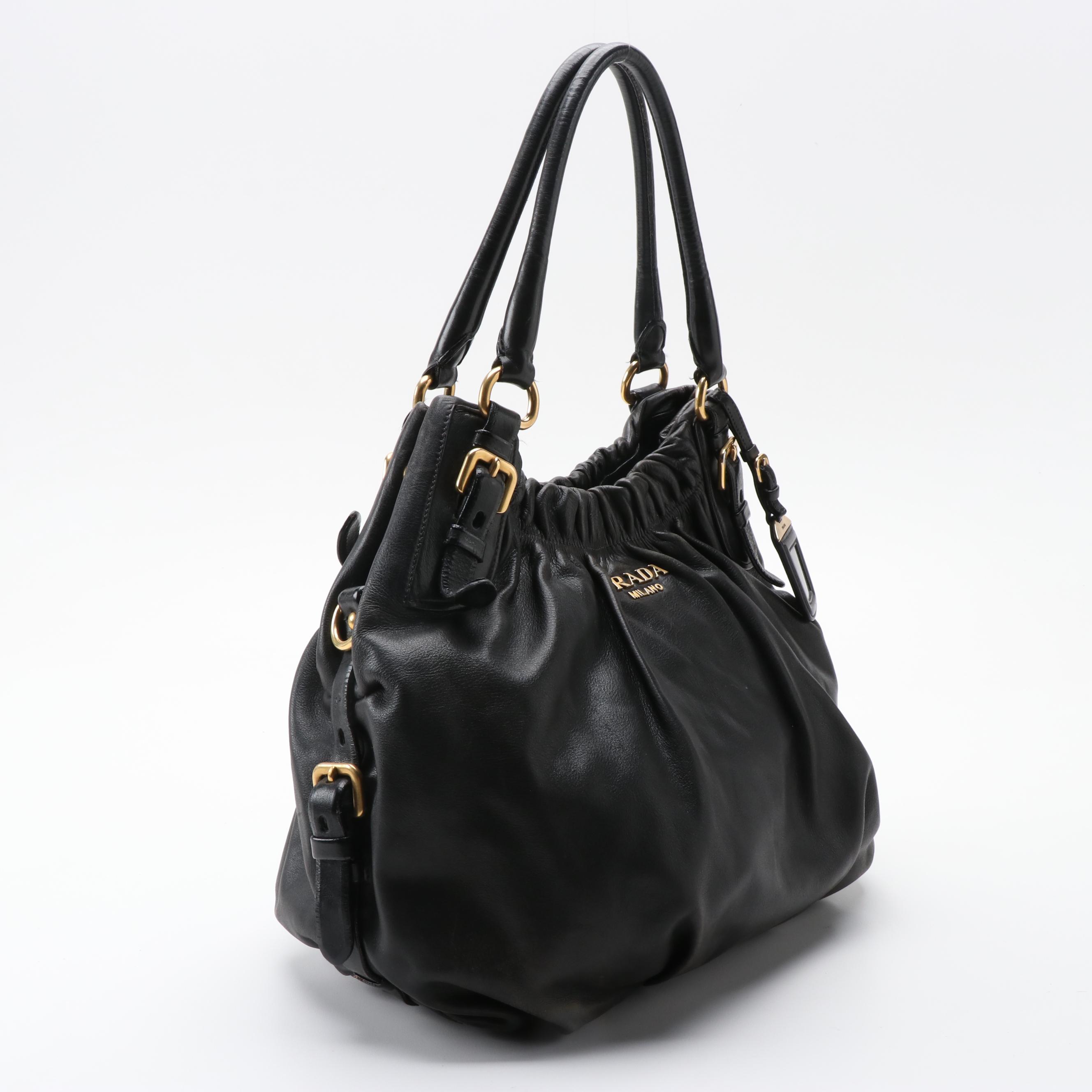 Prada Black Soft Calf Leather Gathered Hobo Bag
