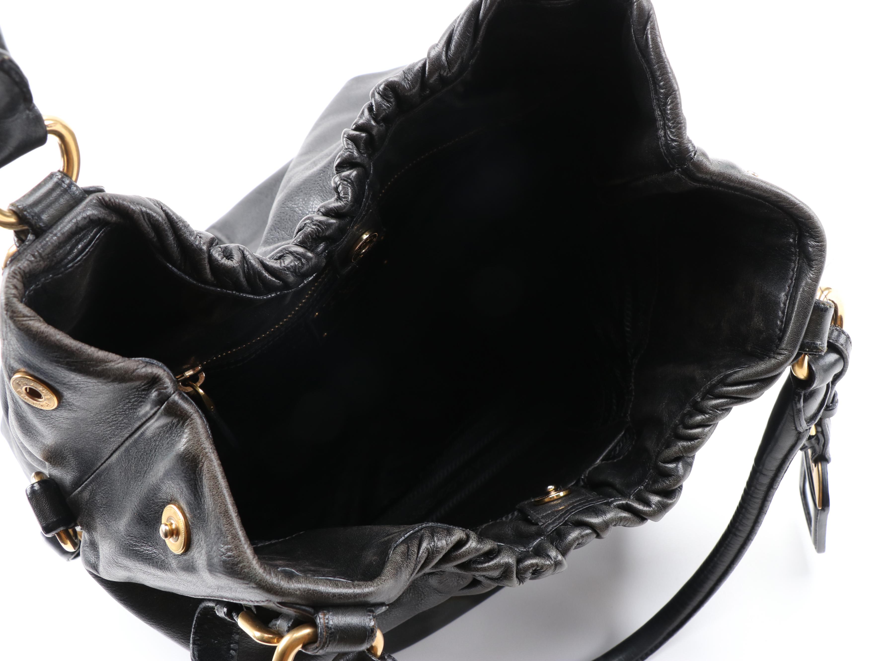 Prada Black Soft Calf Leather Gathered Hobo Bag