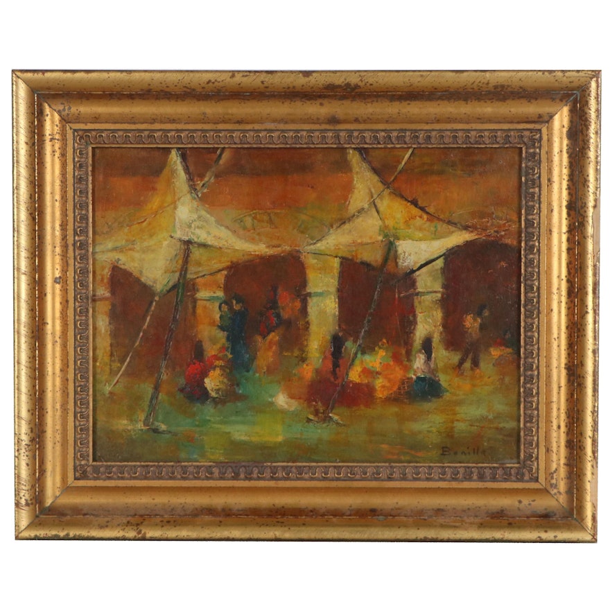 Modernist Style Oil Painting of Group Gathering, Late 20th Century