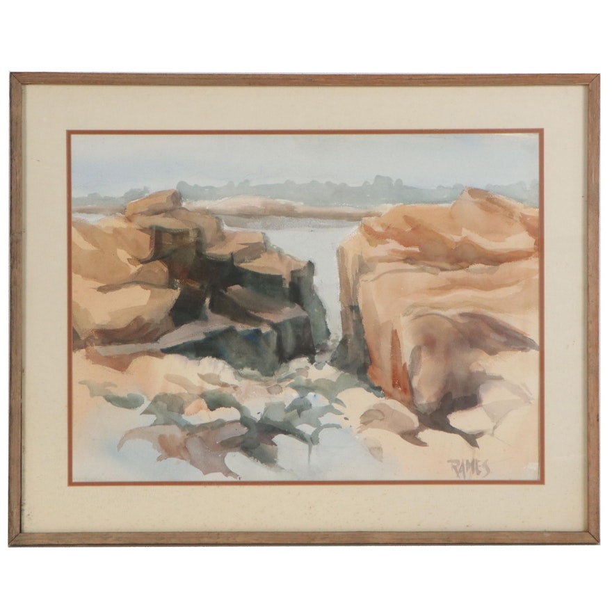 Stanley Rames Watercolor Painting of Rocky Landscape, Late 20th Century