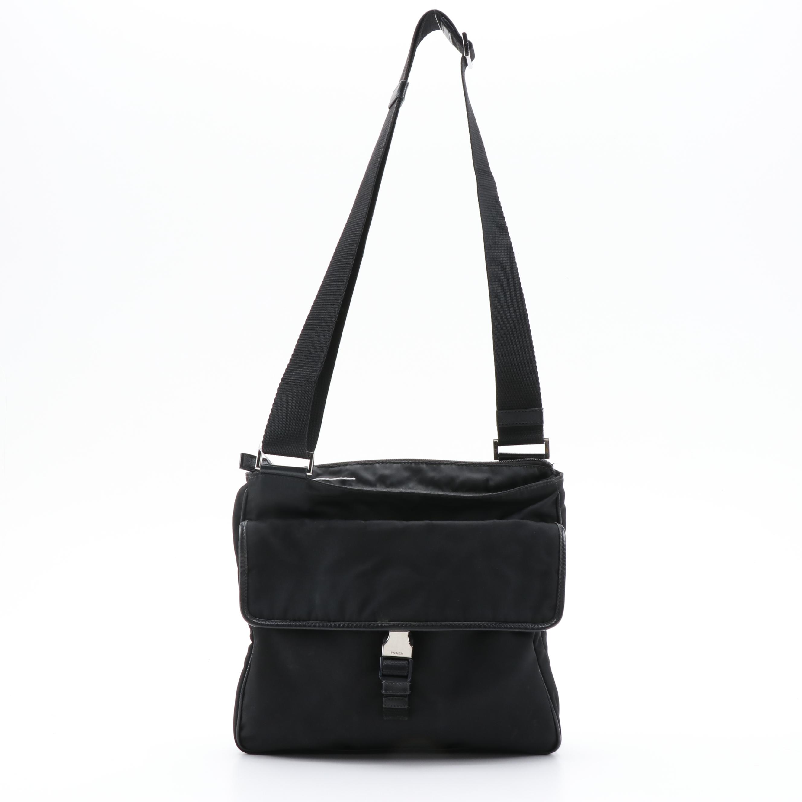 Prada Black Tessuto Nylon Front Flap Bag with Leather Trim