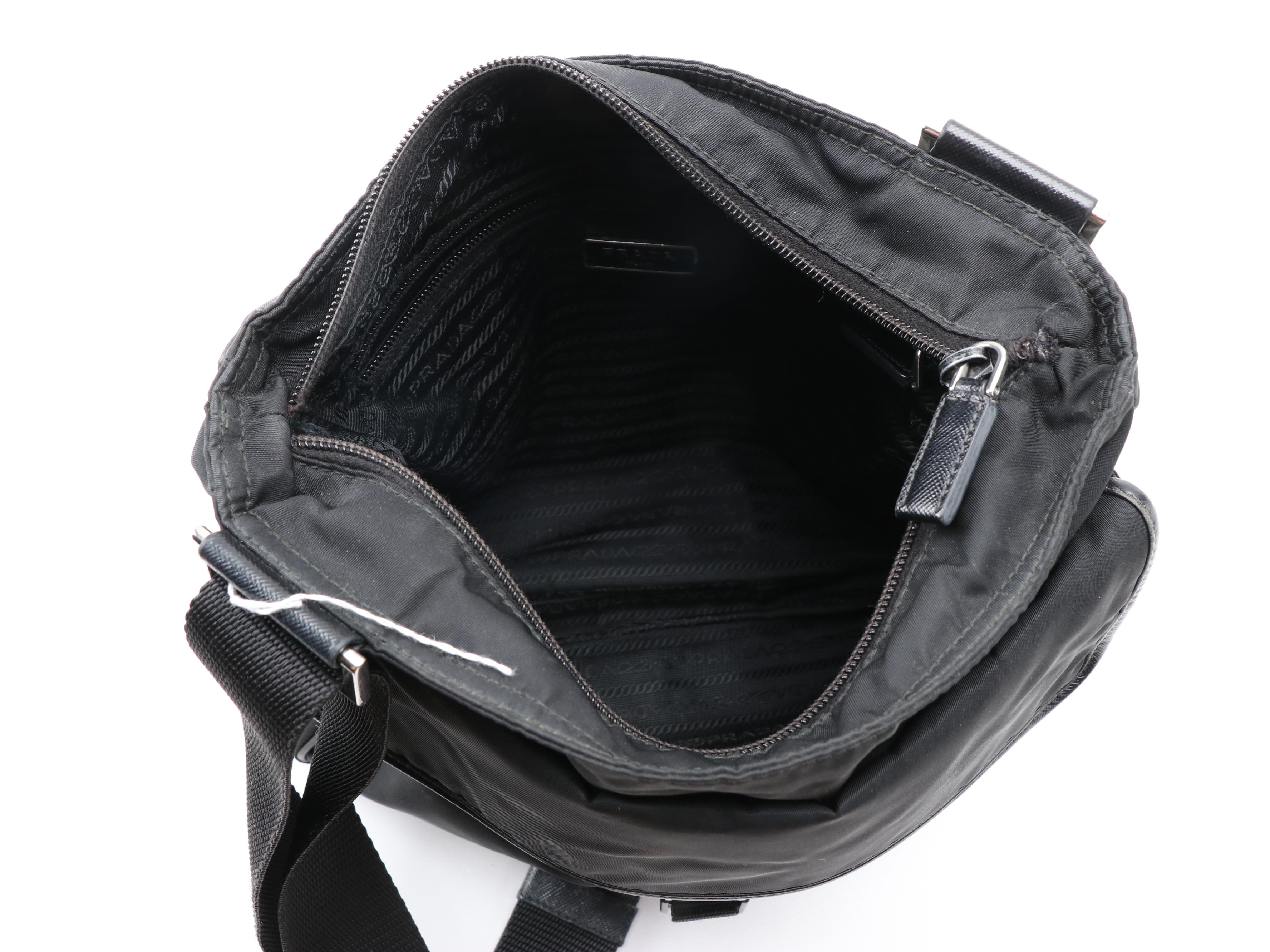 Prada Black Tessuto Nylon Front Flap Bag with Leather Trim