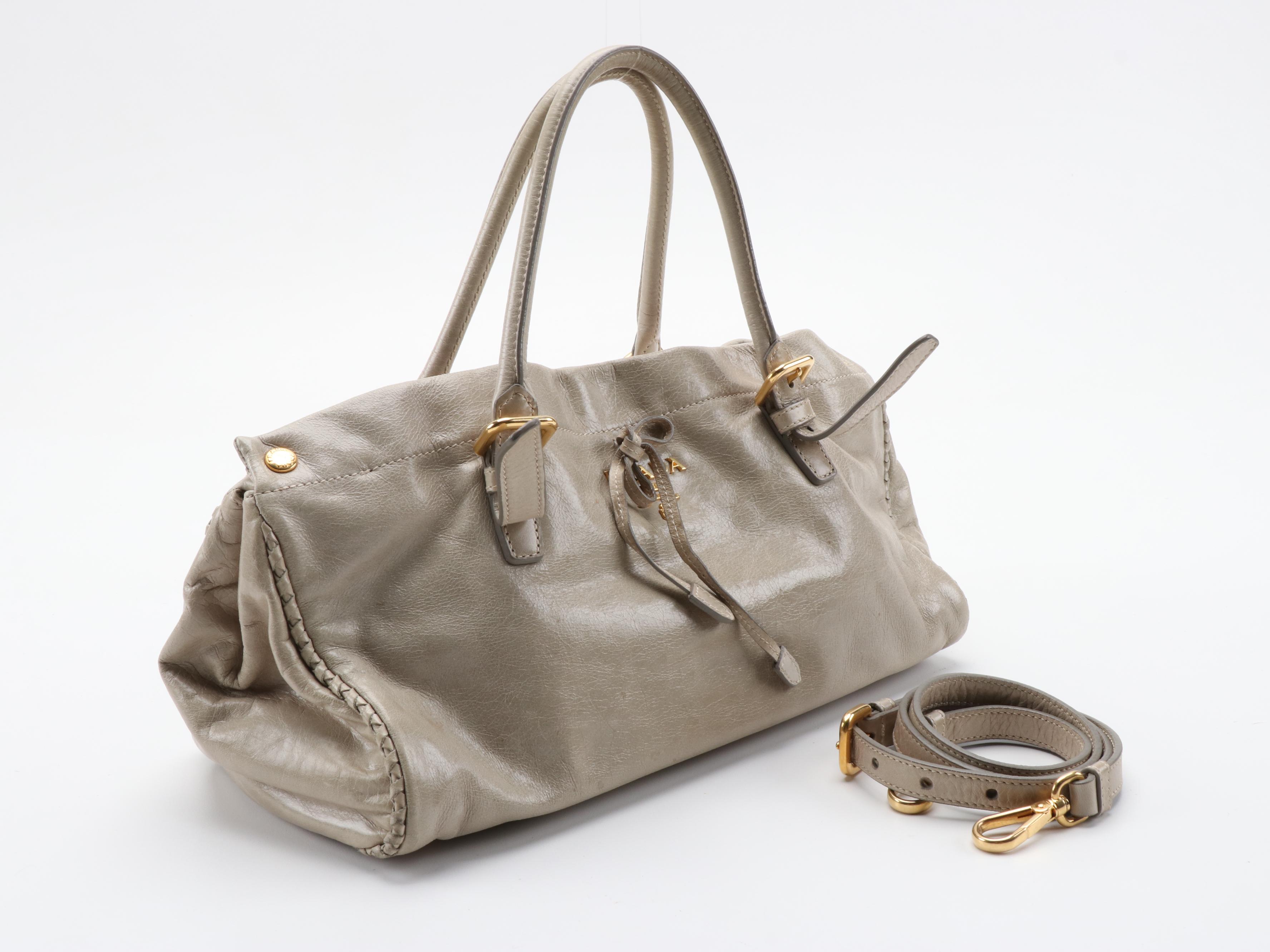 Prada Taupe Vitello Leather Two-Way Buckle Tote