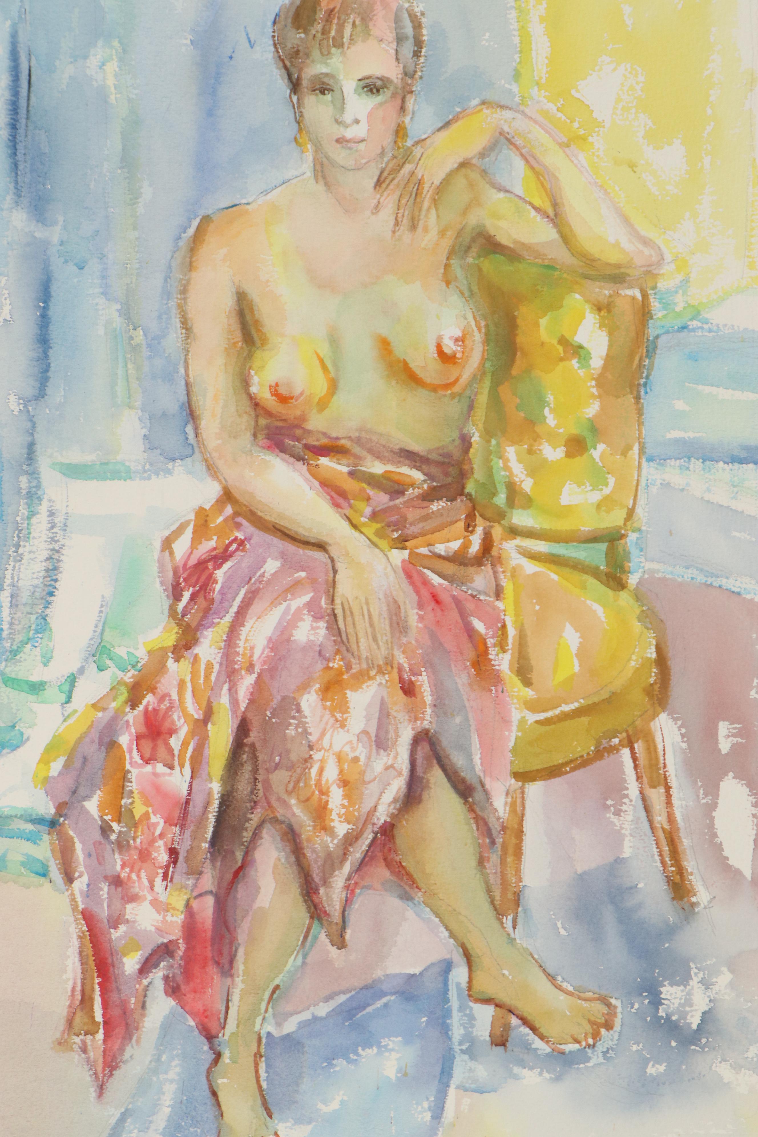 Yolanda Fusco Watercolor Painting Figure Study, Mid to Late 20th Century