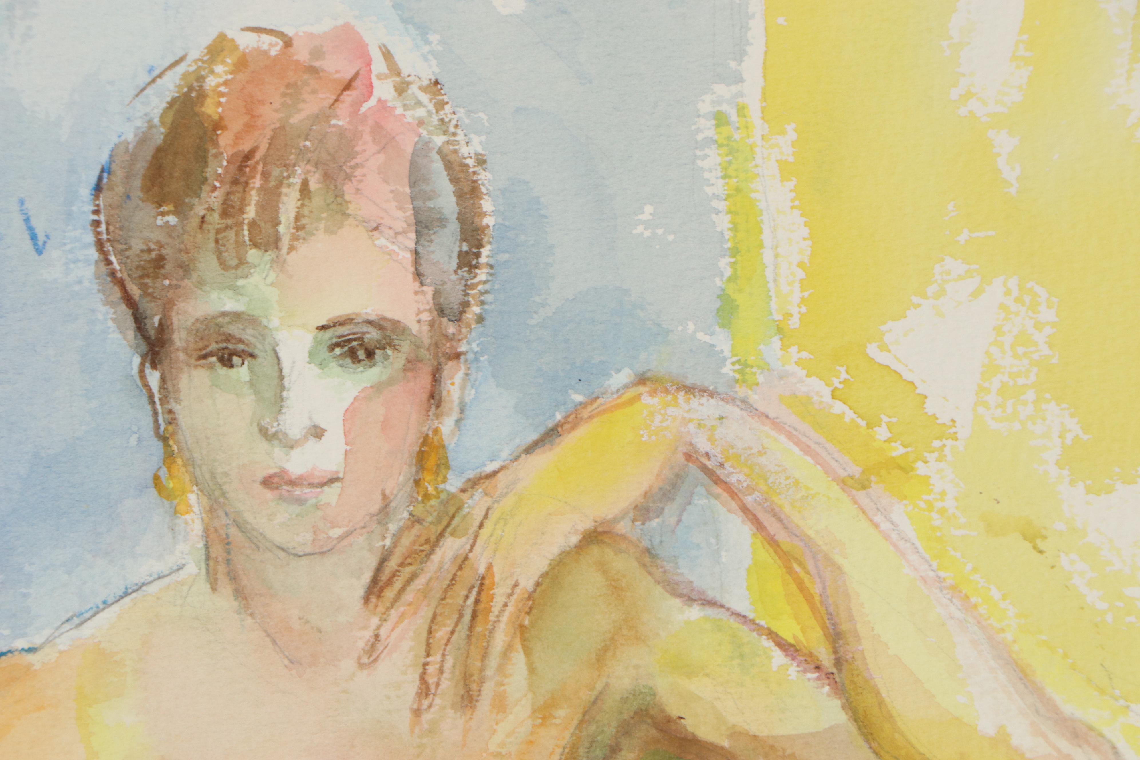 Yolanda Fusco Watercolor Painting Figure Study, Mid to Late 20th Century