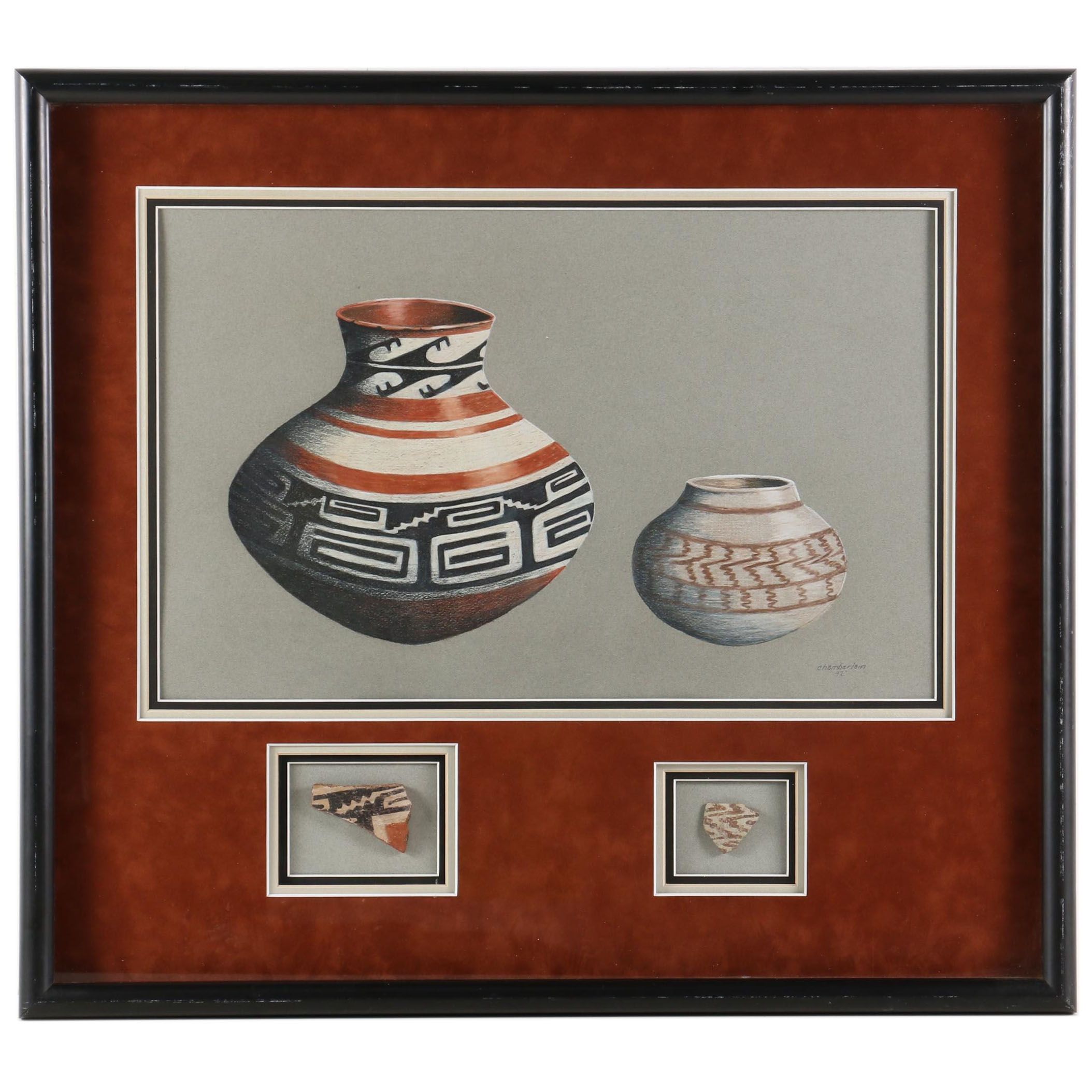 Colored Pencil Drawing and Pottery Shards of Native American Bowls