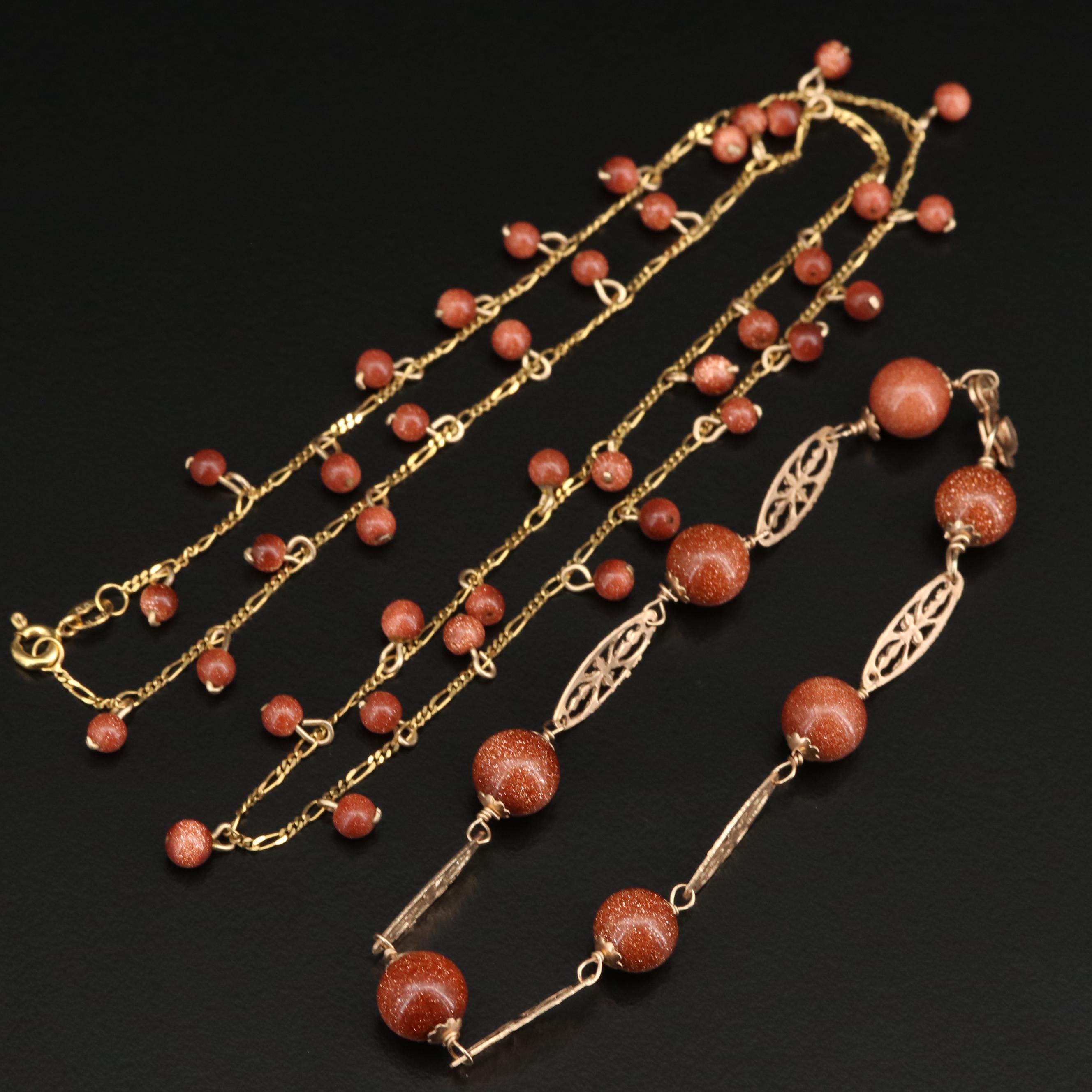 14K Goldstone Glass Beaded Necklace and Station Bracelet