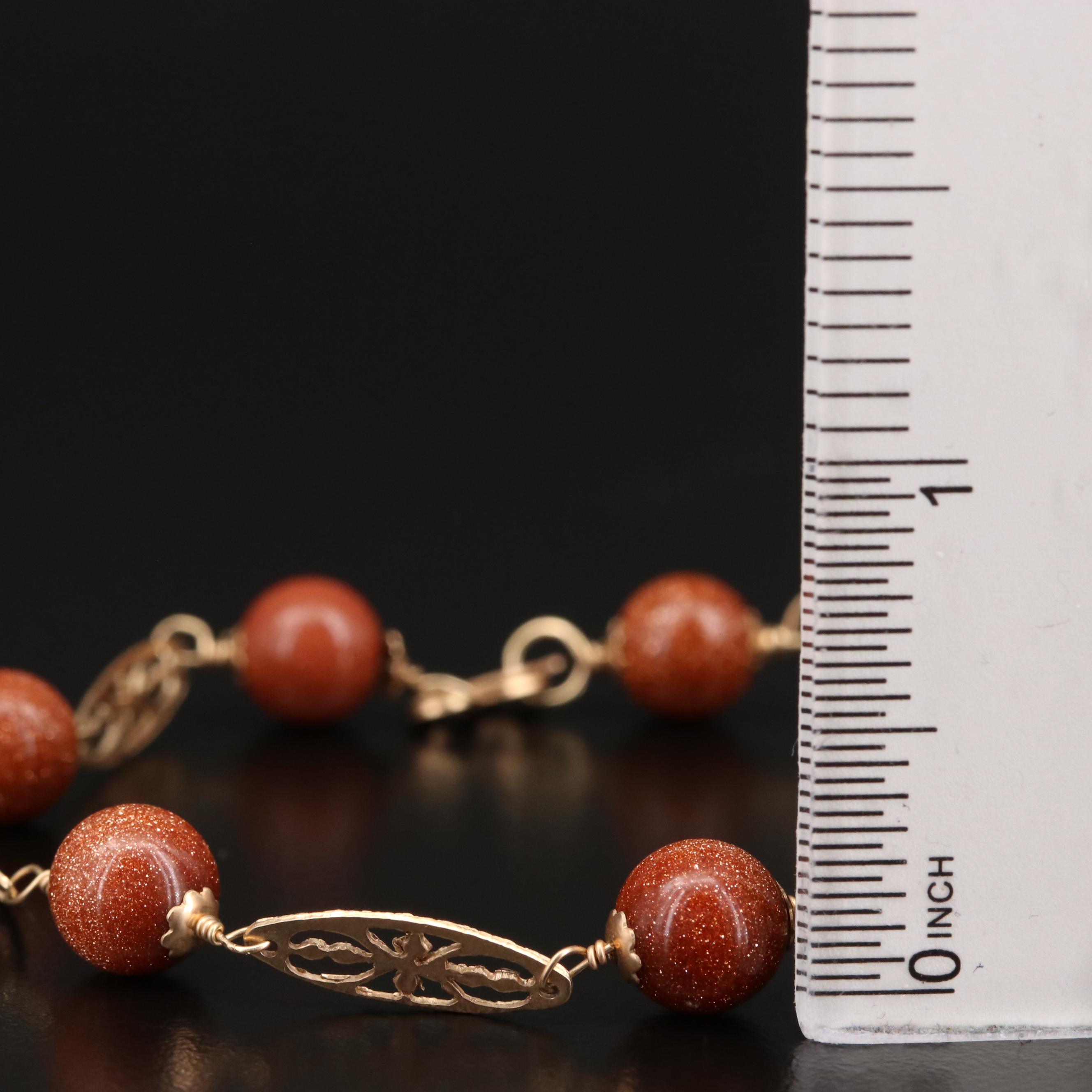 14K Goldstone Glass Beaded Necklace and Station Bracelet