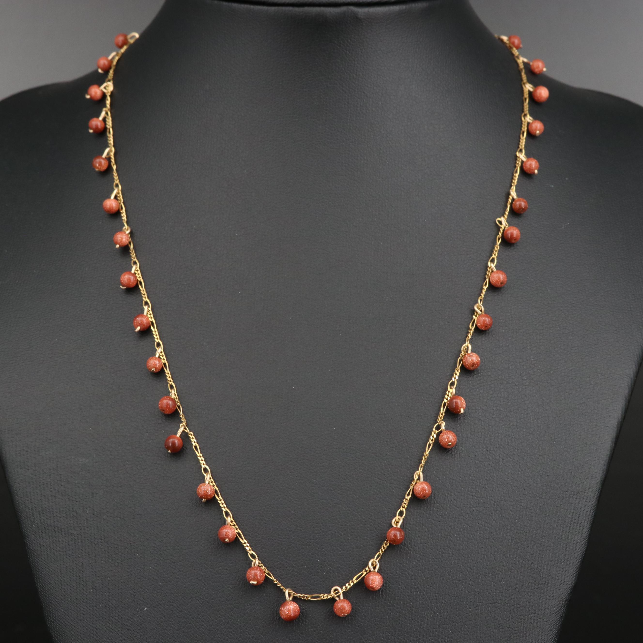 14K Goldstone Glass Beaded Necklace and Station Bracelet