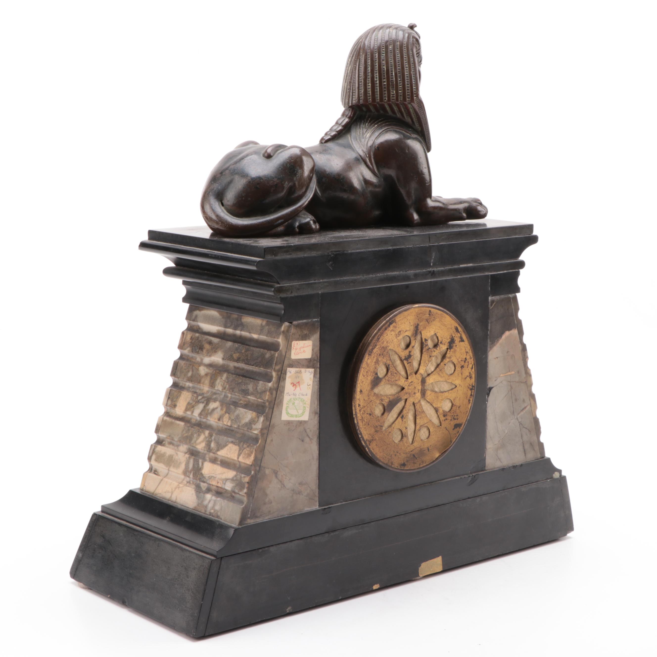 Egyptian Revival Marble and Bronze Mantel Clock with Sphinx, Early 20th Century