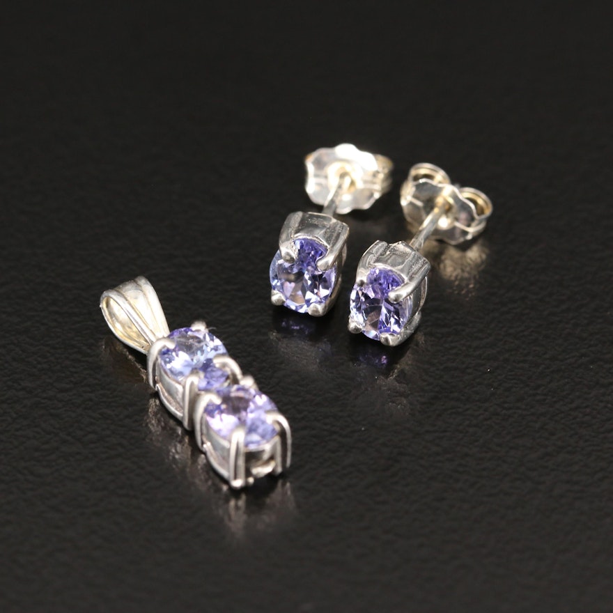 Sterling Silver Tanzanite Pendant and Earrings