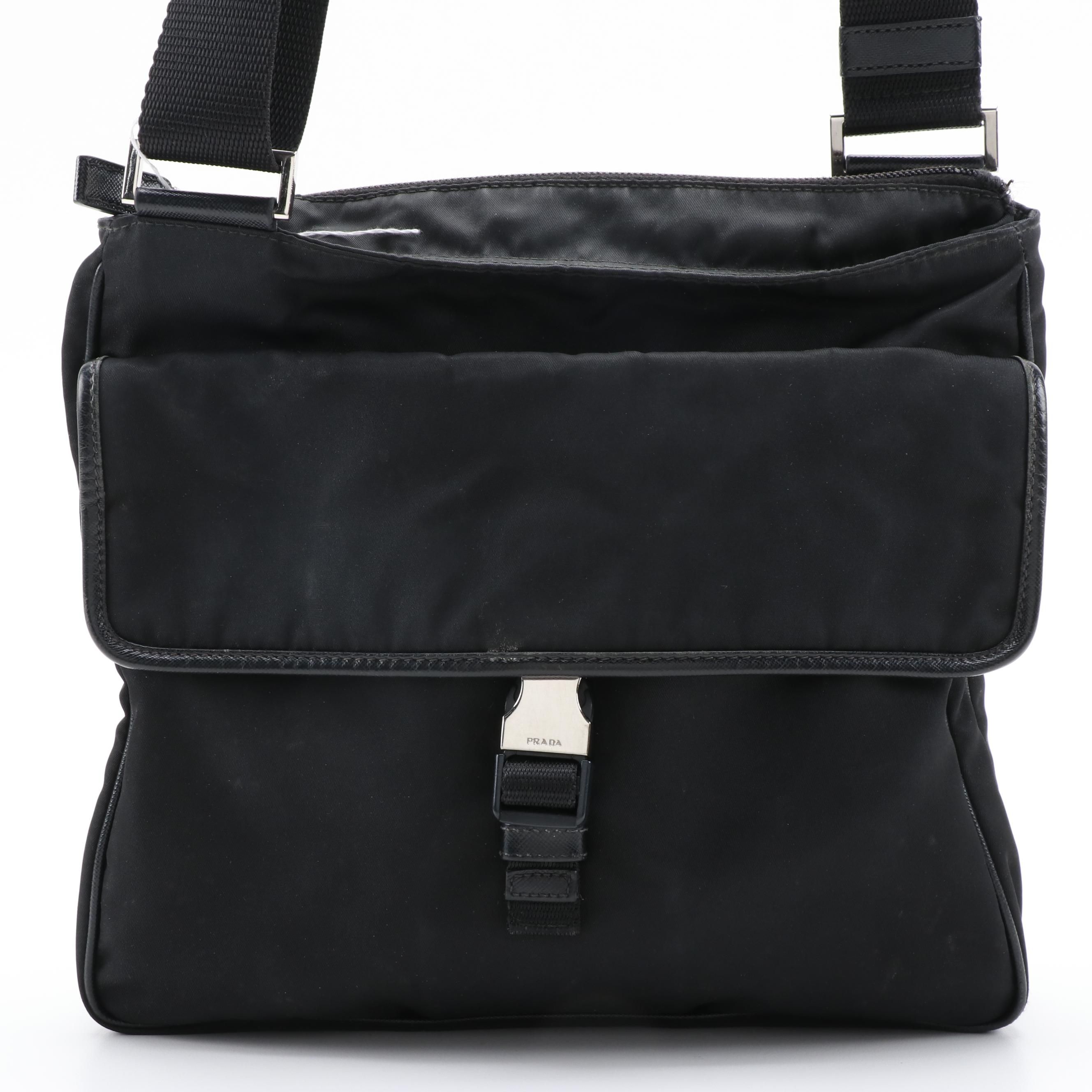 Prada Black Tessuto Nylon Front Flap Bag with Leather Trim