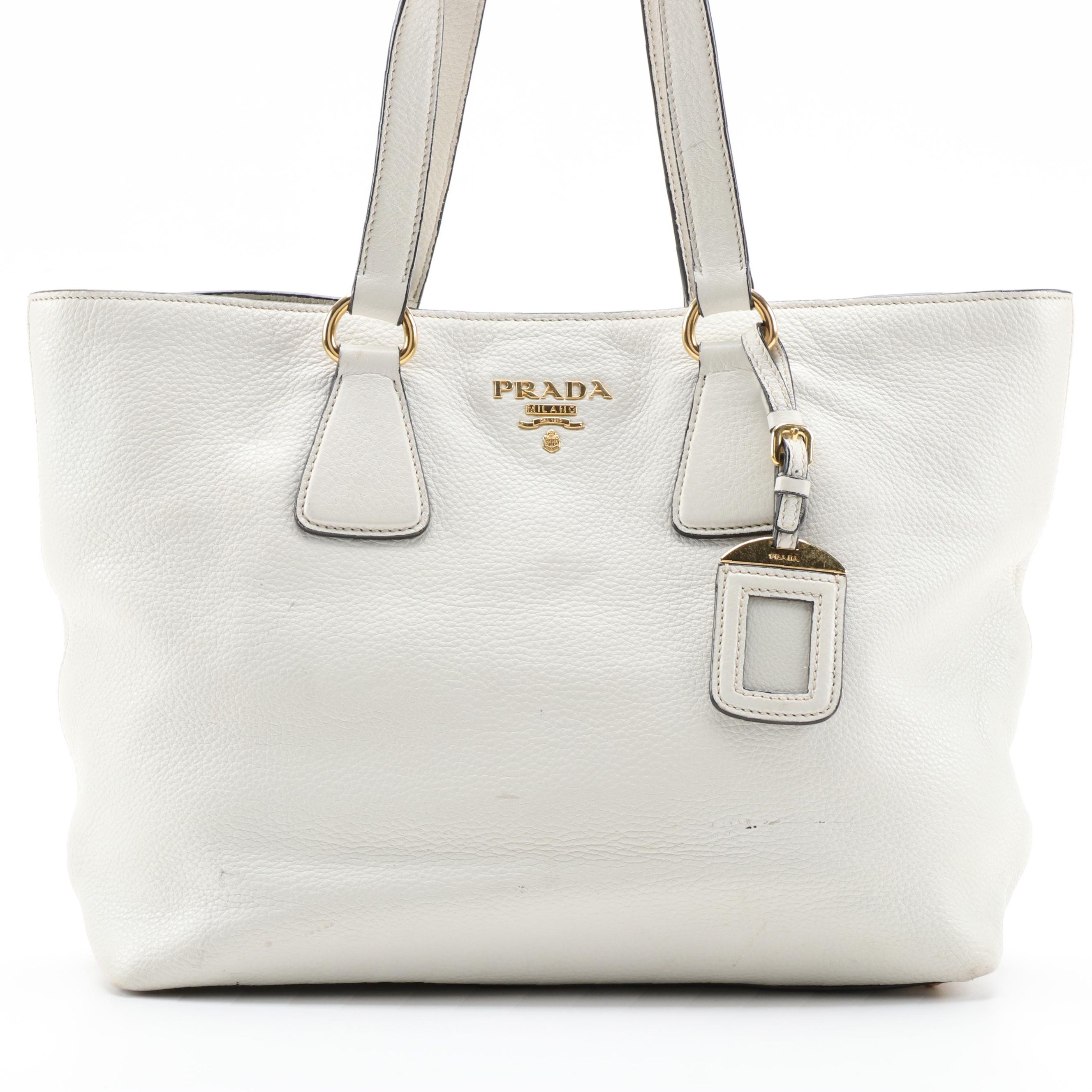 Prada Phenix Talco White Vitello Leather Shoulder Tote