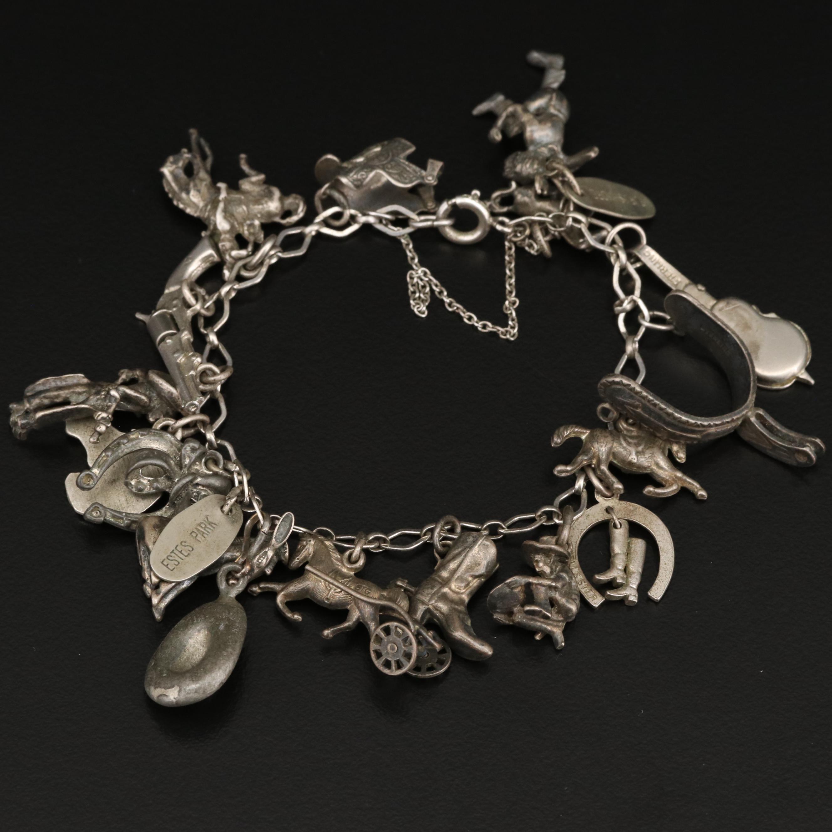 Vintage Sterling Silver Western Themed Charm Bracelet