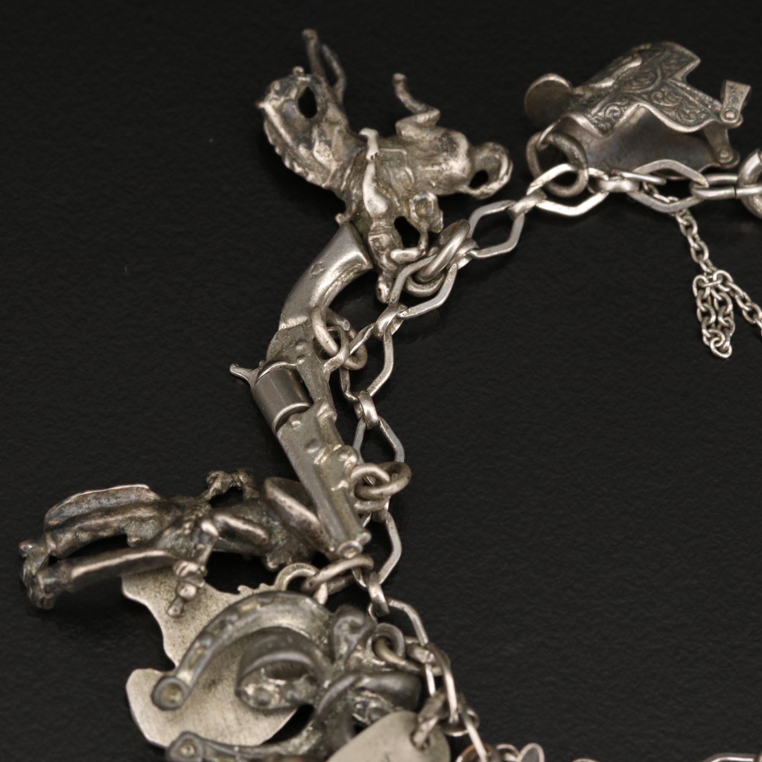 Vintage Sterling Silver Western Themed Charm Bracelet