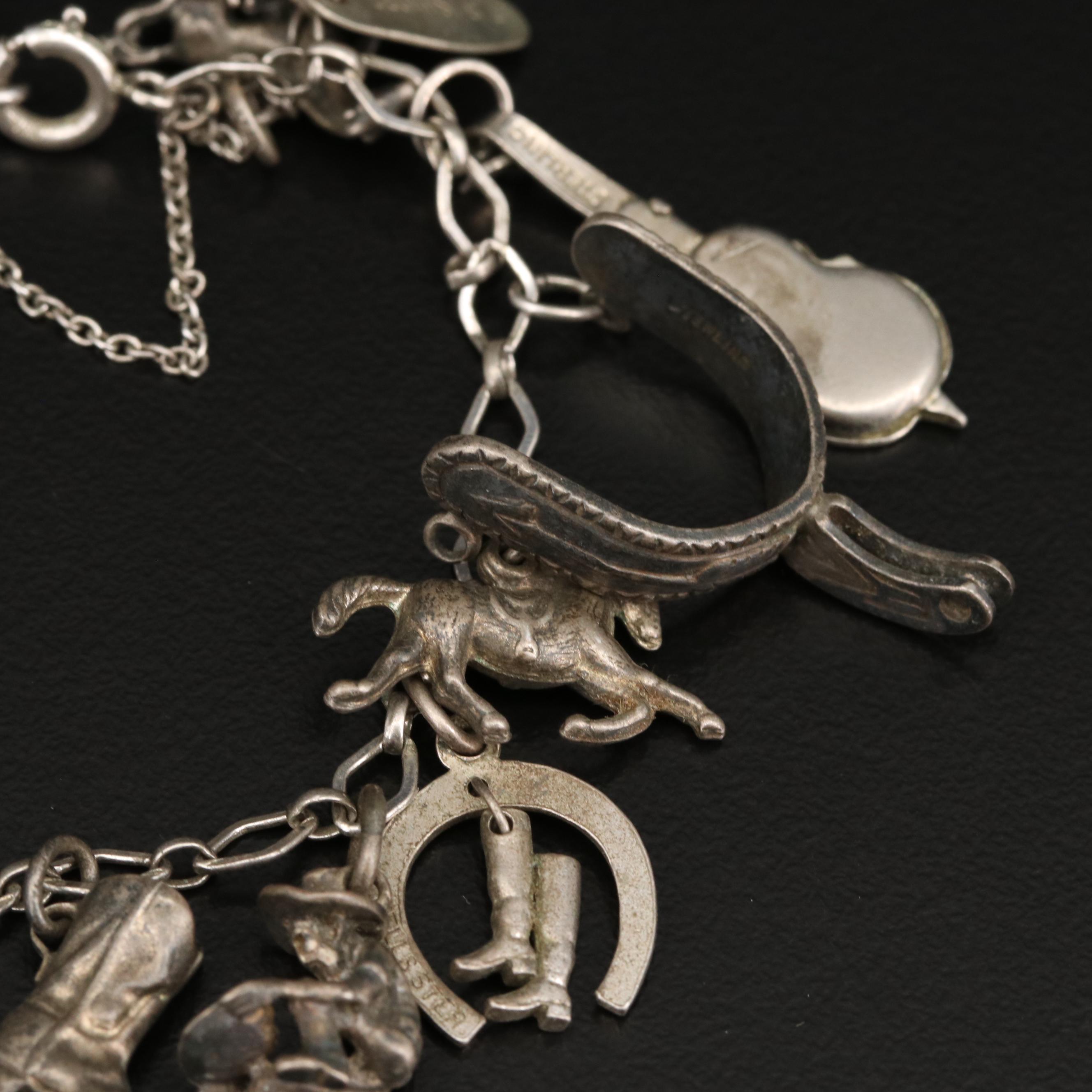 Vintage Sterling Silver Western Themed Charm Bracelet