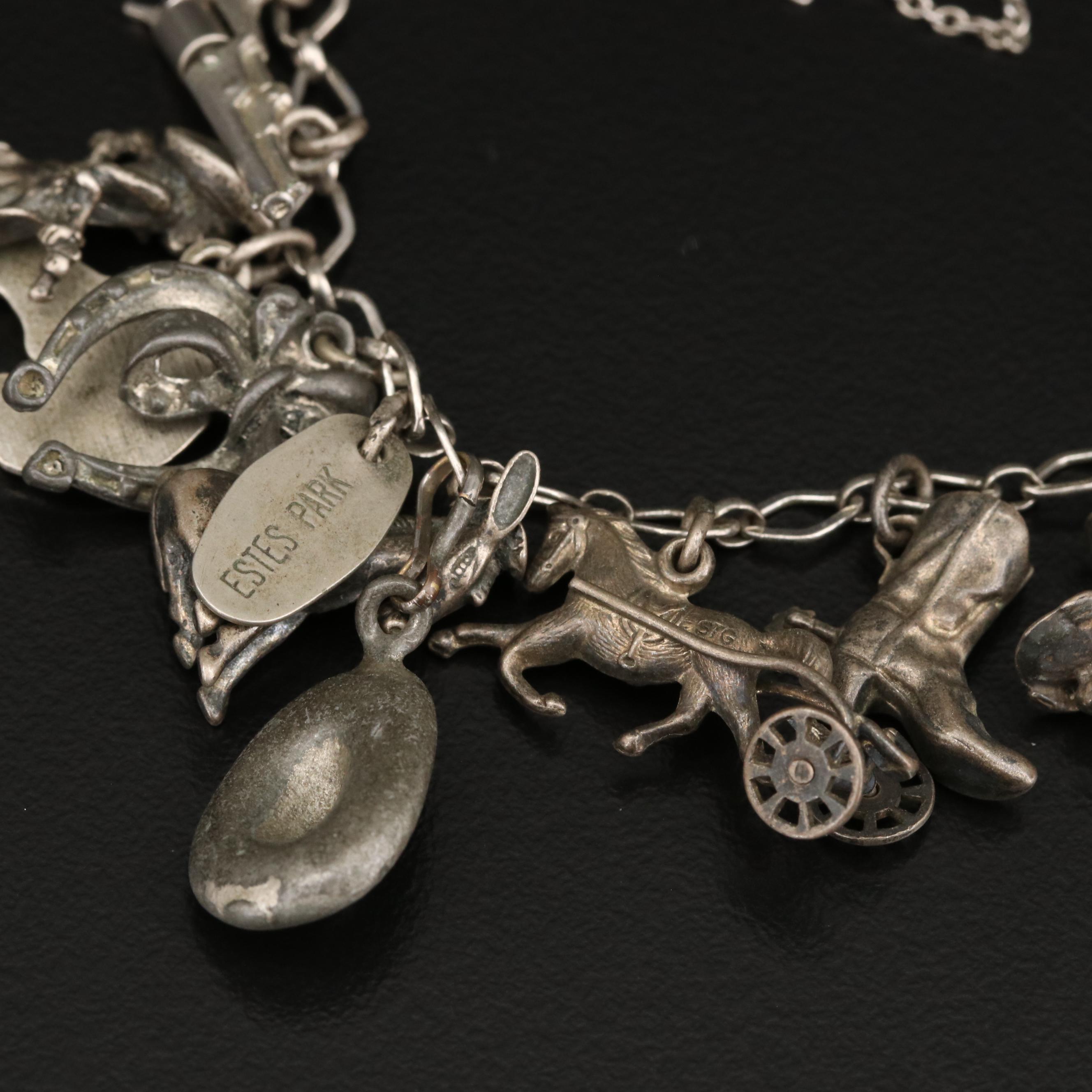 Vintage Sterling Silver Western Themed Charm Bracelet