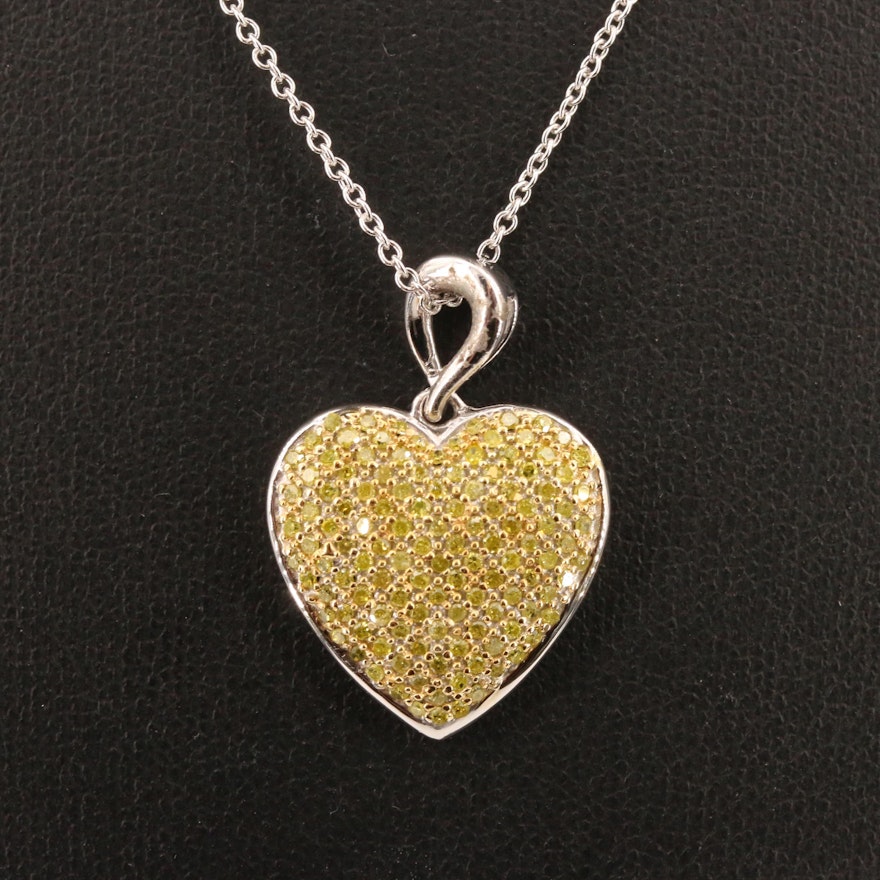 Sterling Silver Pavé Yellow Diamond Heart Pendant Necklace
