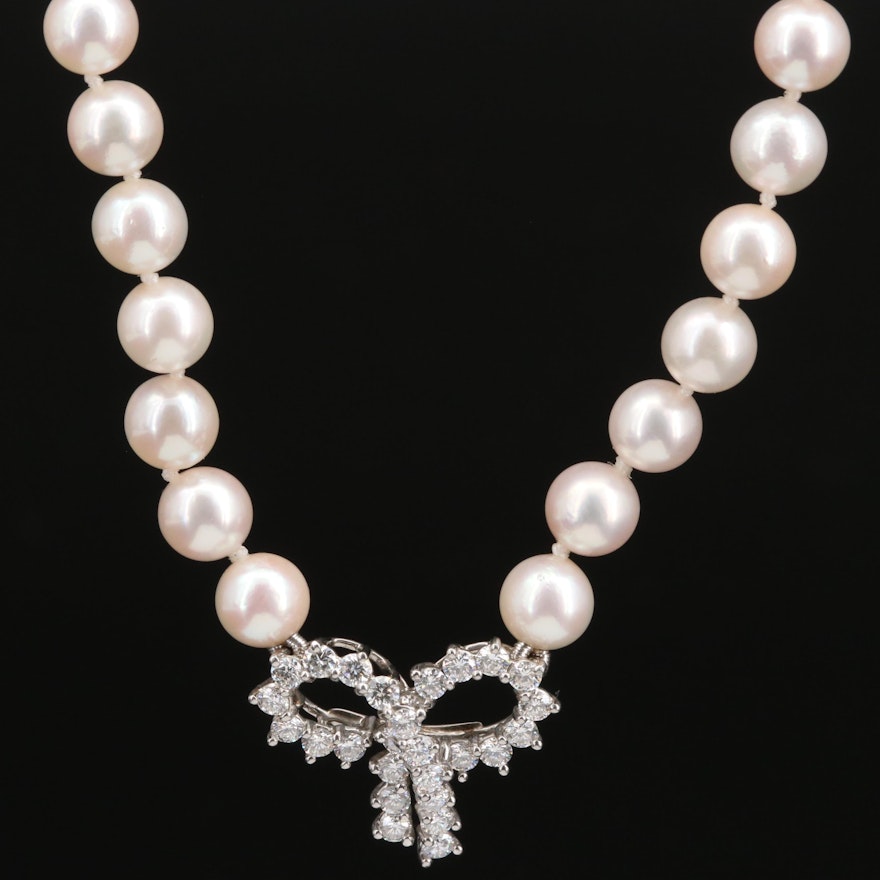 Tiffany & Co. Platinum 1.12 CTW Diamond and Pearl Bow Necklace