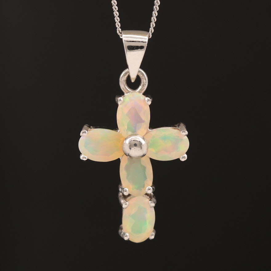 Sterling Silver Opal Cross Necklace