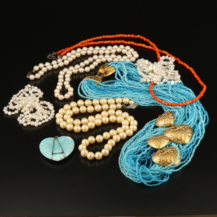 Assorted Pearl and Coral Jewelry Including Various Sterling Silver Clasps.