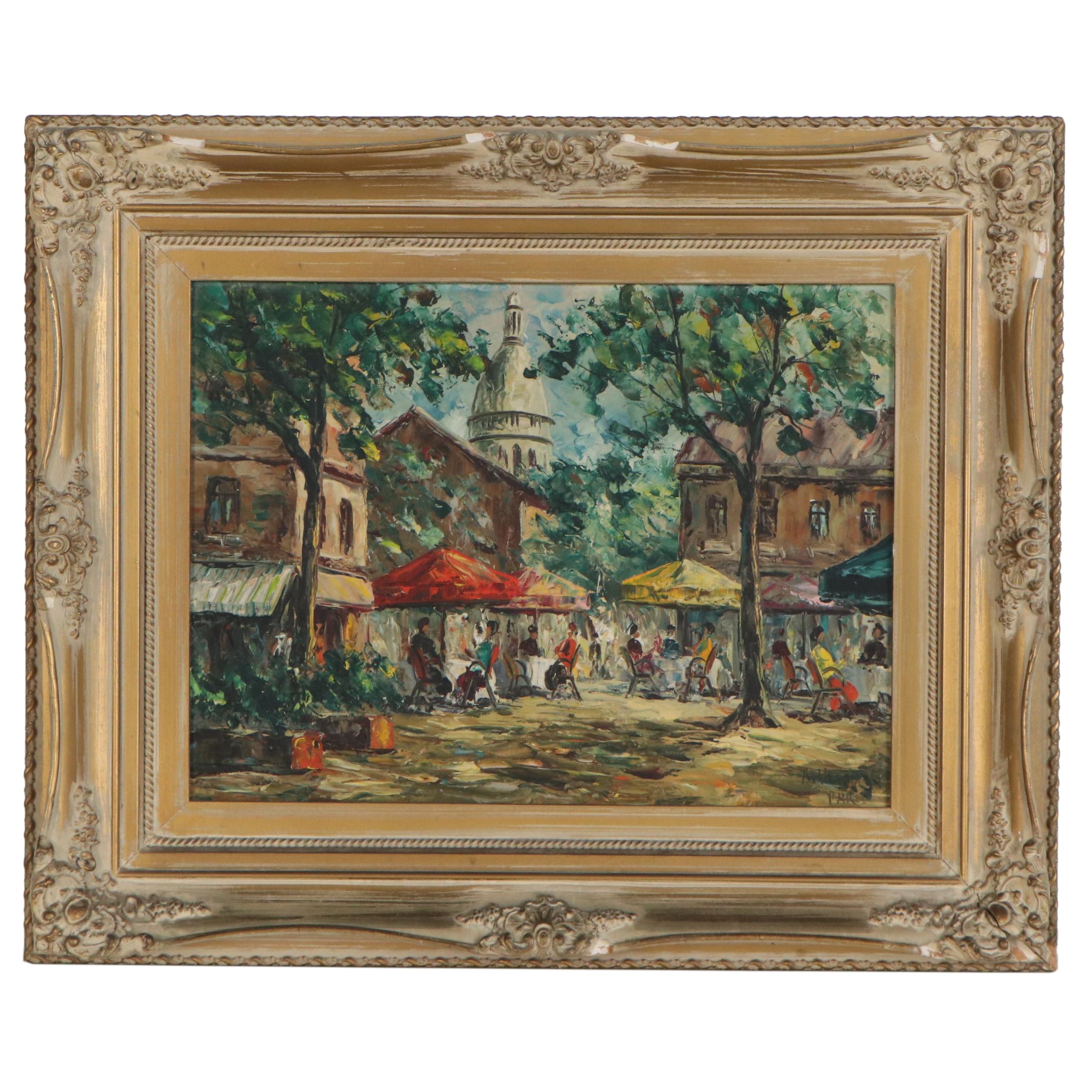 A. Valentin Parisian Outdoor Cafe Scene Oil Painting, Mid 20th Century