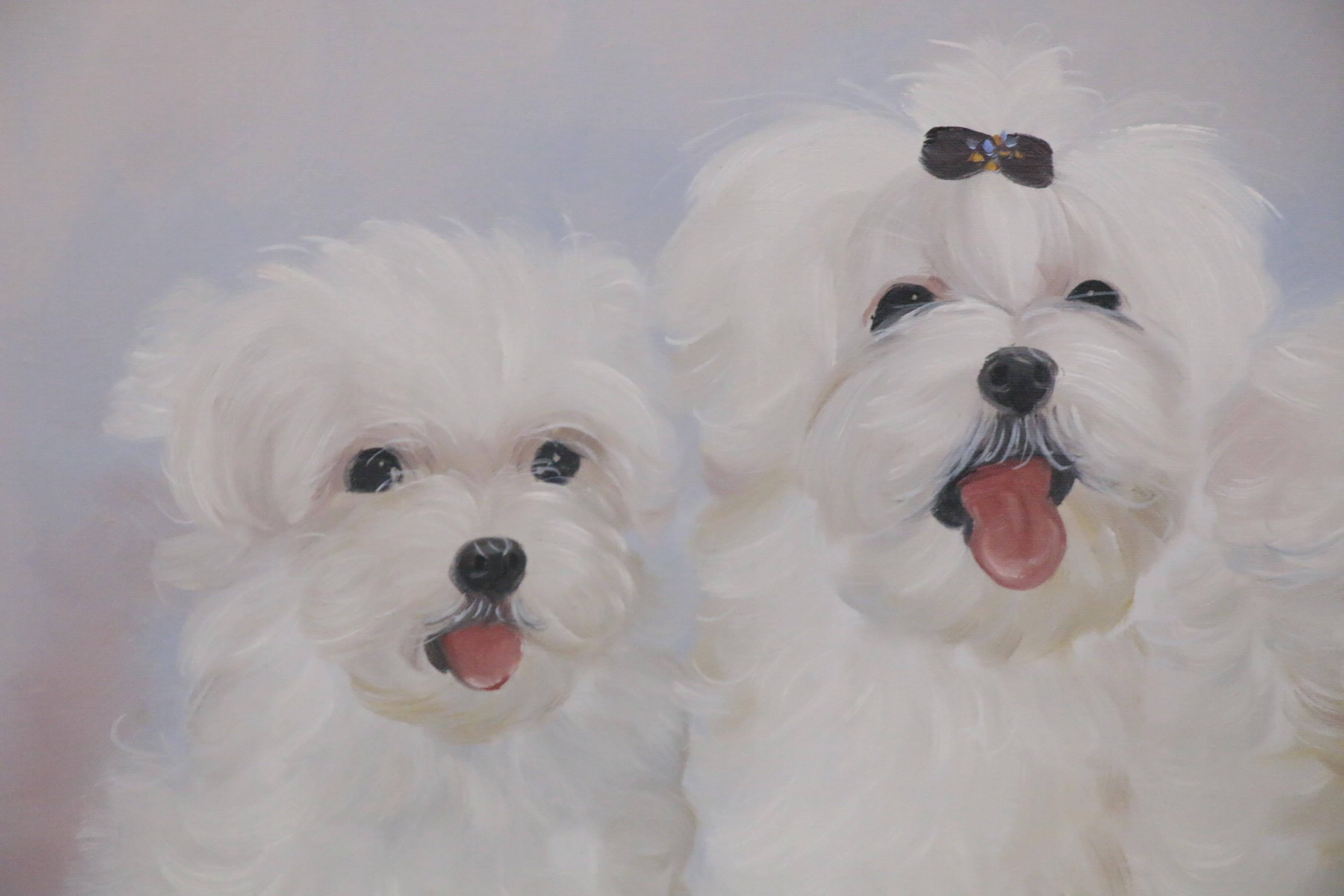 Oil Painting of Maltese Puppies, Late 20th Century