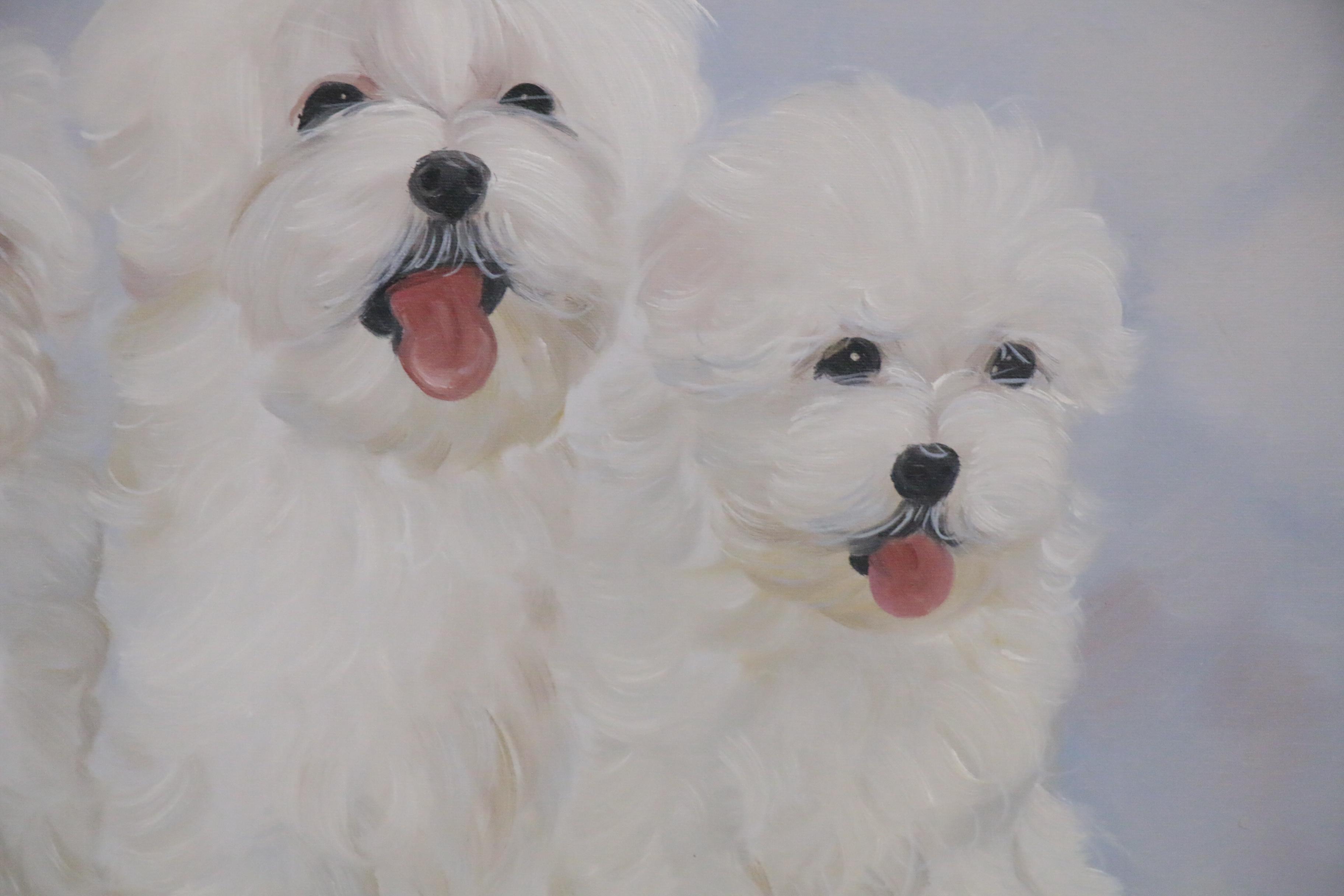 Oil Painting of Maltese Puppies, Late 20th Century