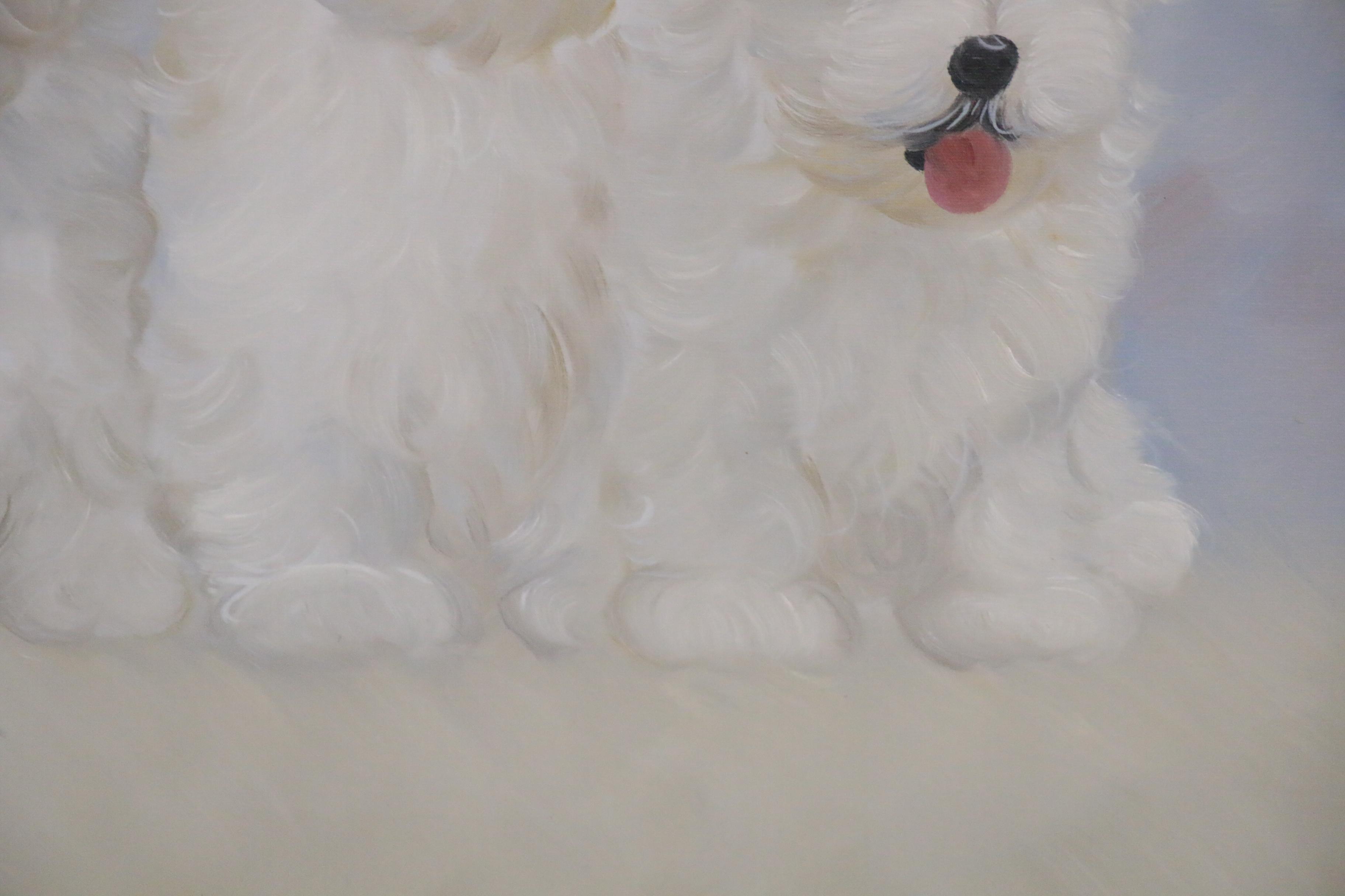 Oil Painting of Maltese Puppies, Late 20th Century