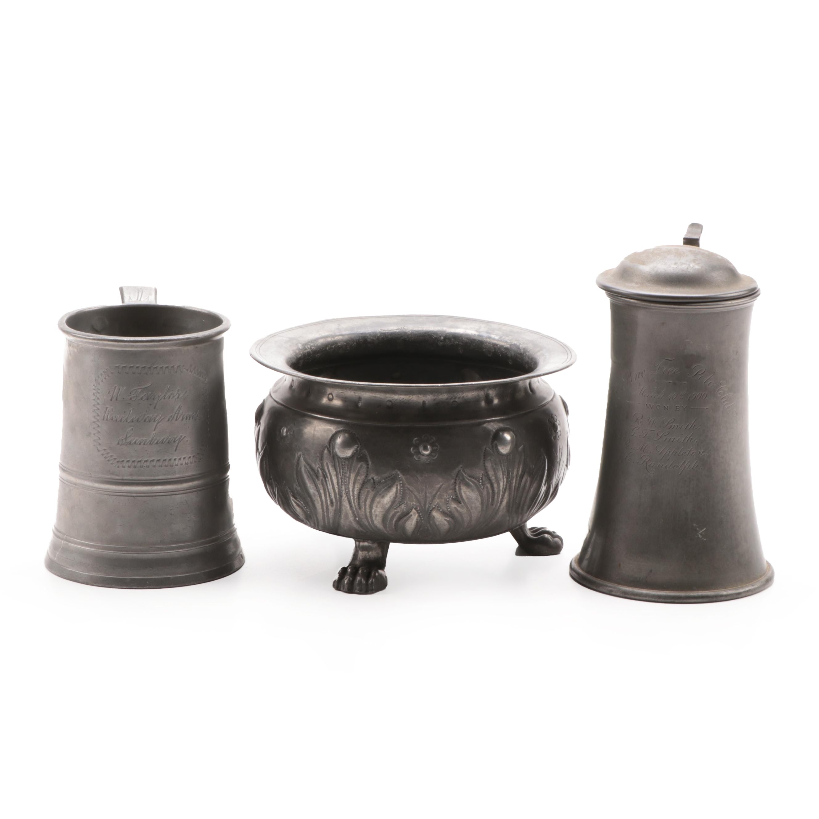 Pewter Trophy Tankard, Quart Stein, and Footed Bowl, Late 19th/Early 20th C.