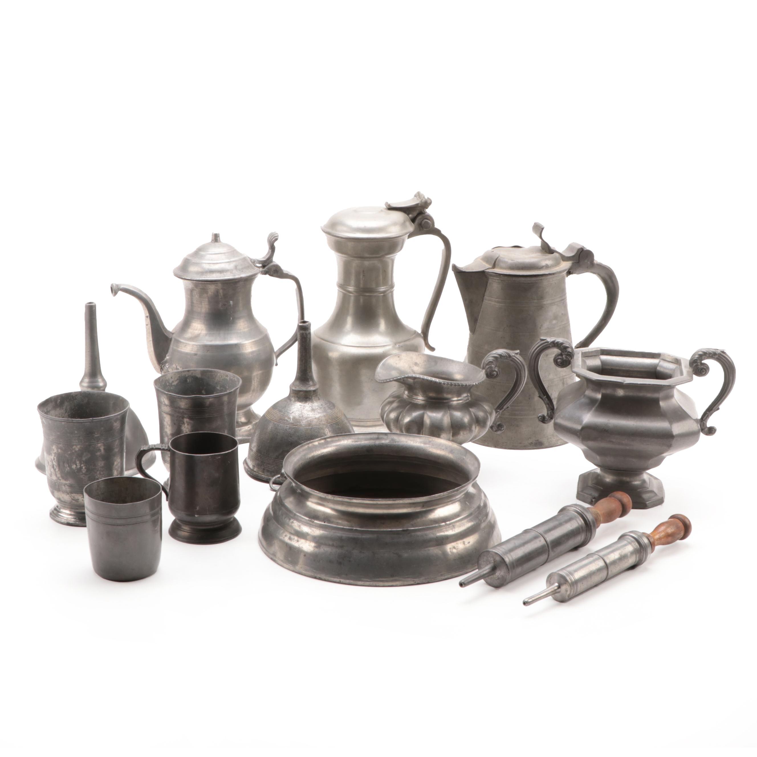 James Dixon and Son Pewter Creamer and Sugar with Other Pewter Kitchenware