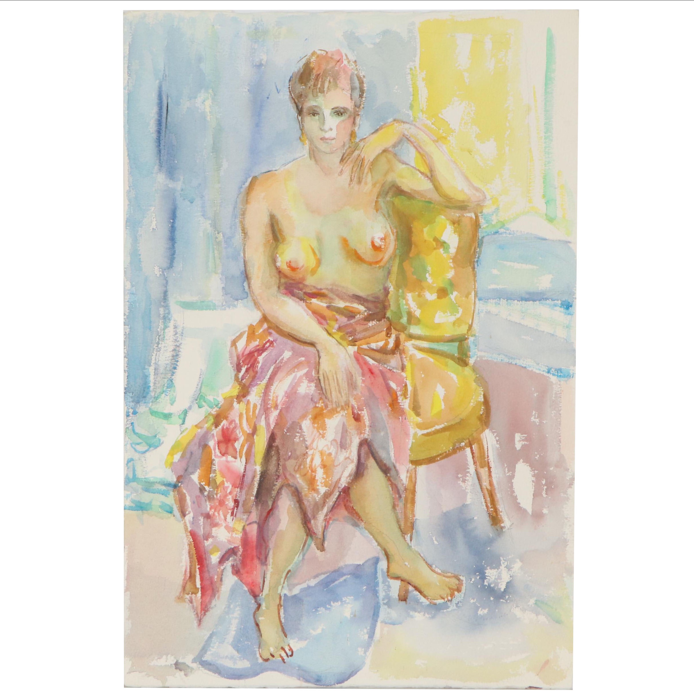 Yolanda Fusco Watercolor Painting Figure Study, Mid to Late 20th Century