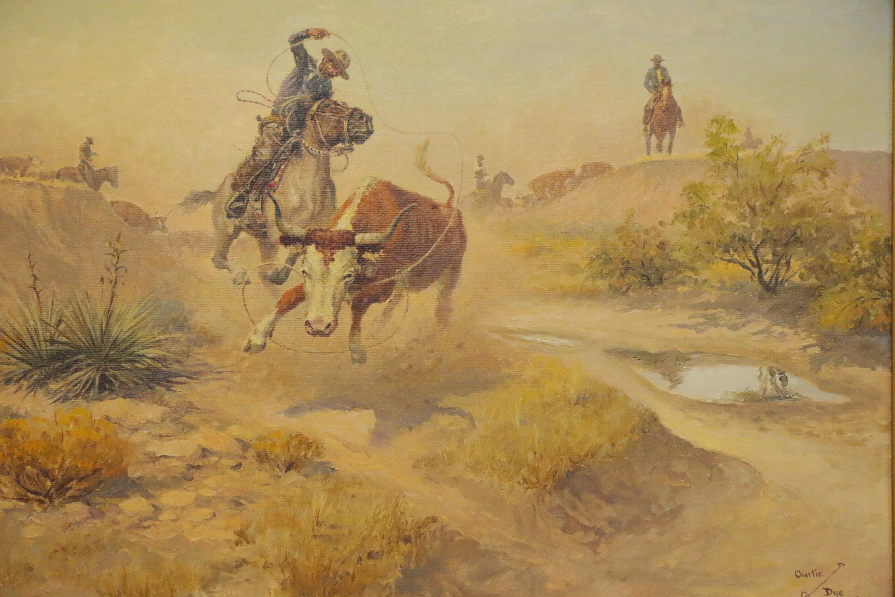Charlie Dye Oil Painting "Throwing the Hoolihan," Mid-20th Century