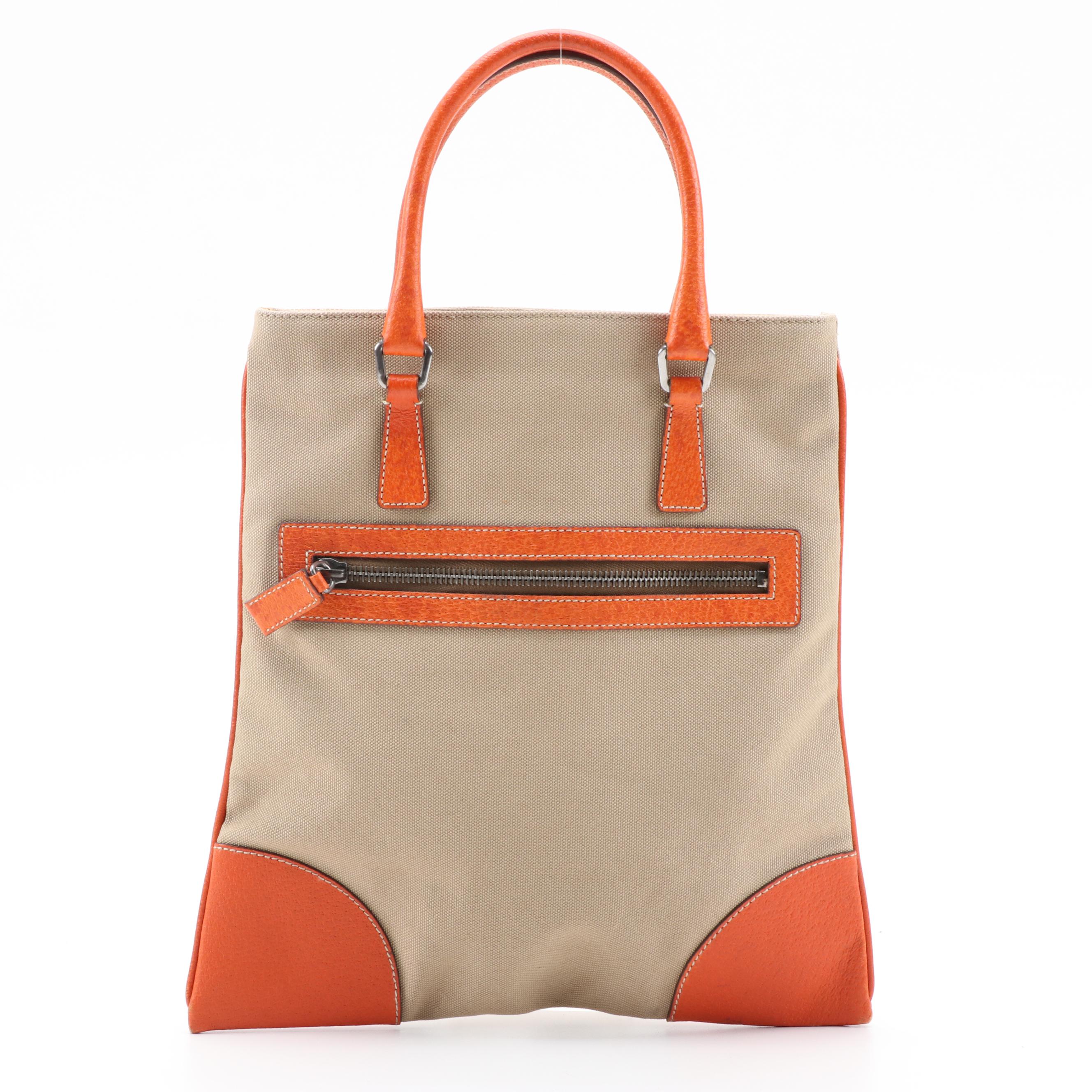 Prada Handbag in Canvas and Orange Leather