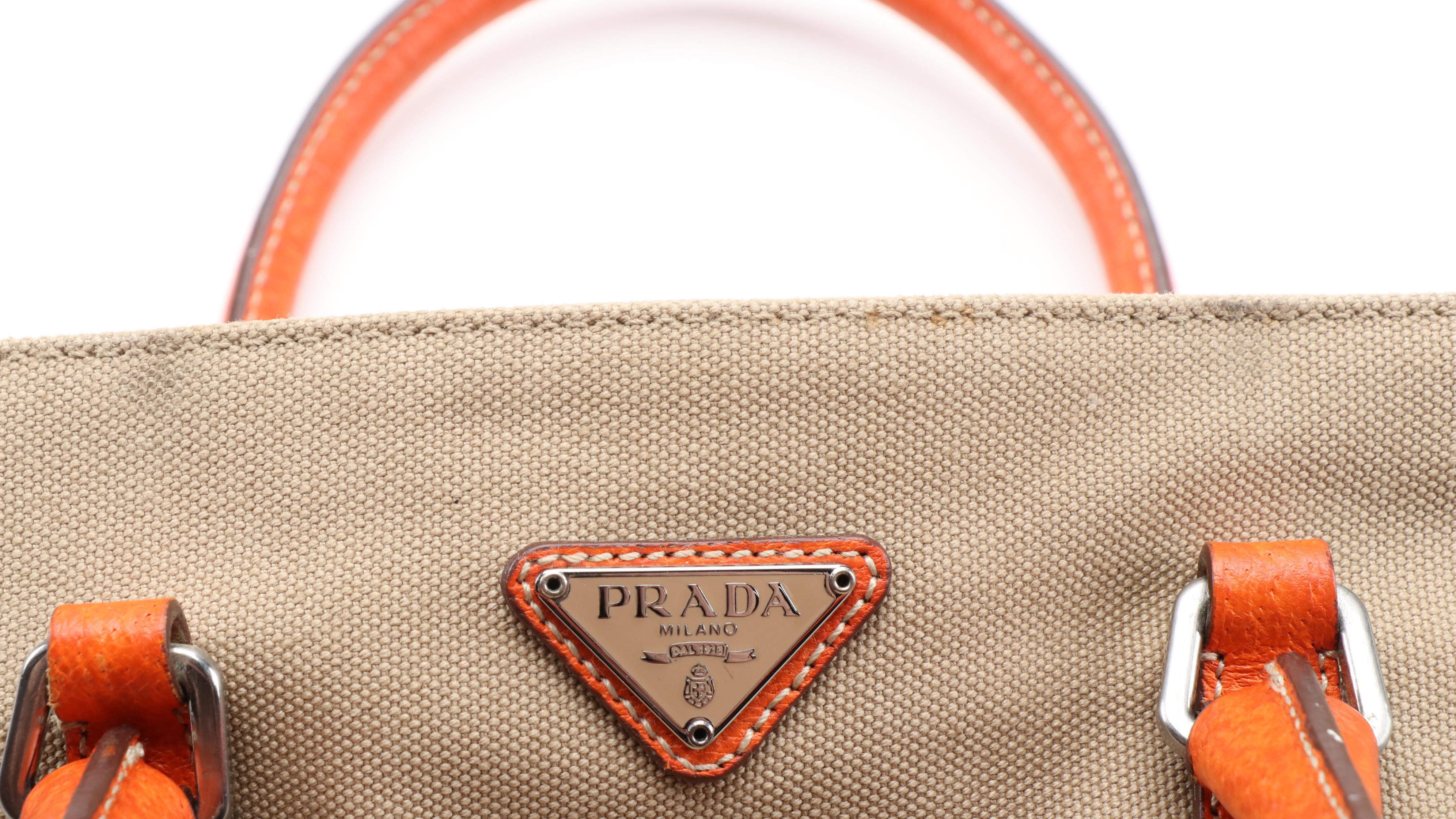 Prada Handbag in Canvas and Orange Leather