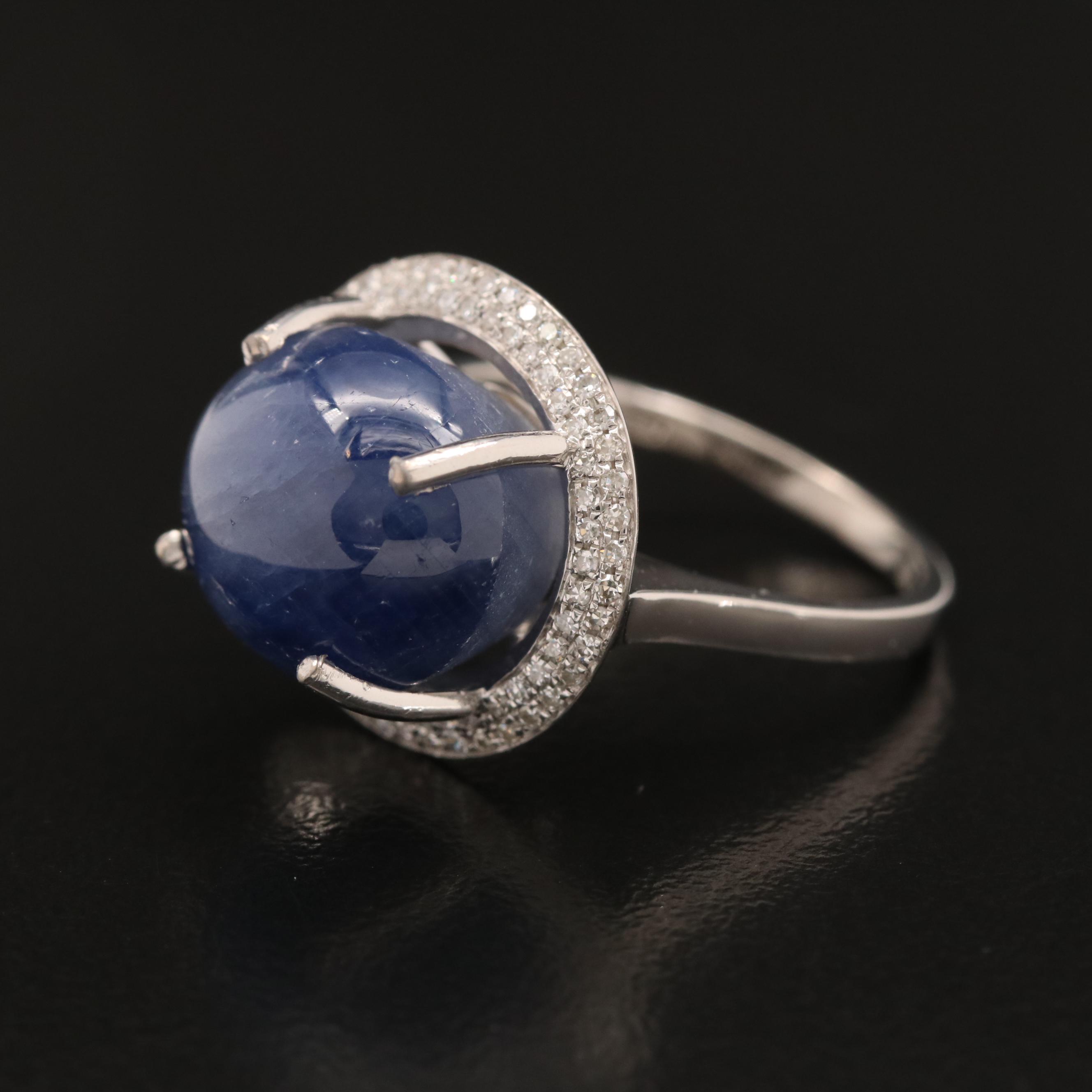 14K White Gold 14.93 CT Star Sapphire and Diamond Ring with GIA Report