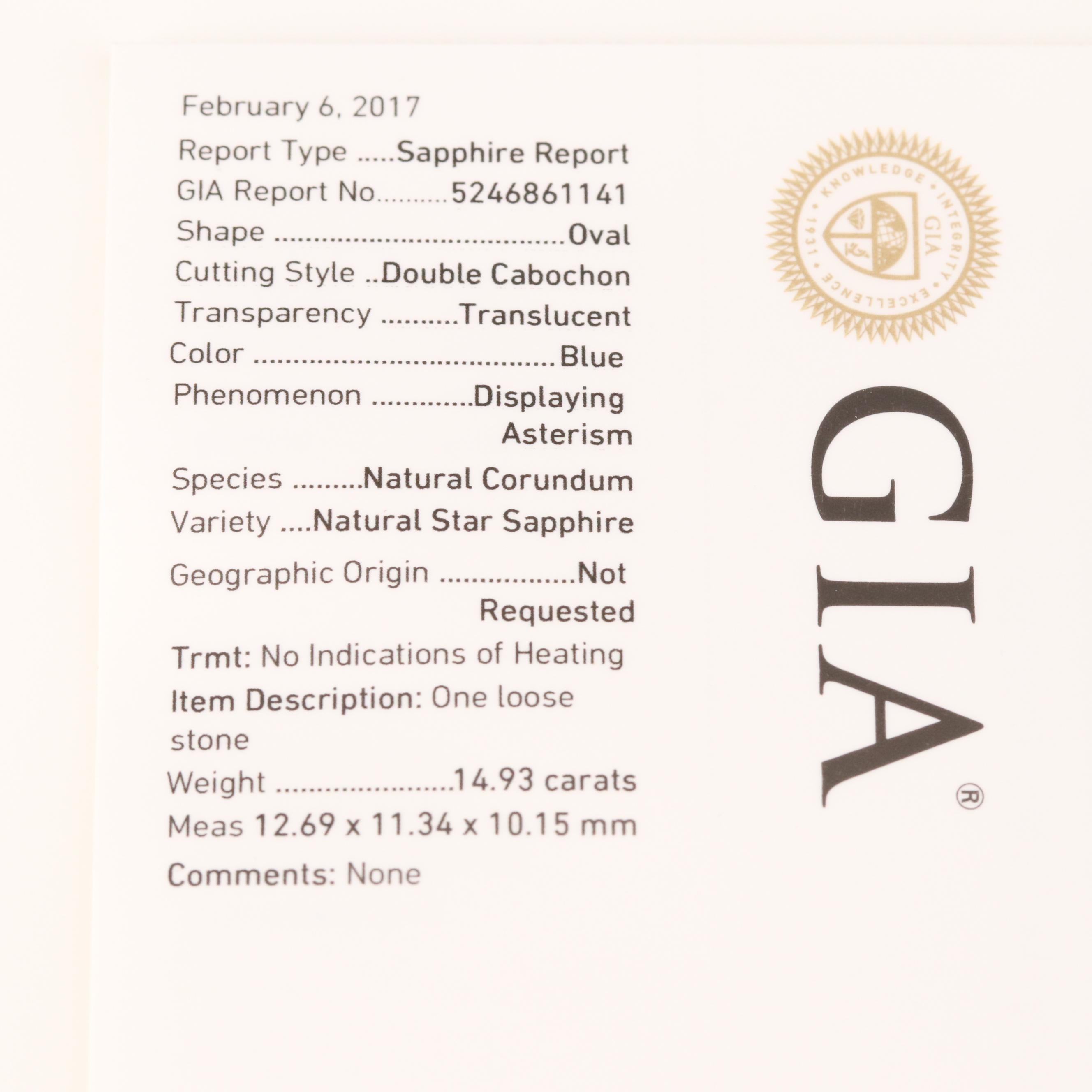 14K White Gold 14.93 CT Star Sapphire and Diamond Ring with GIA Report