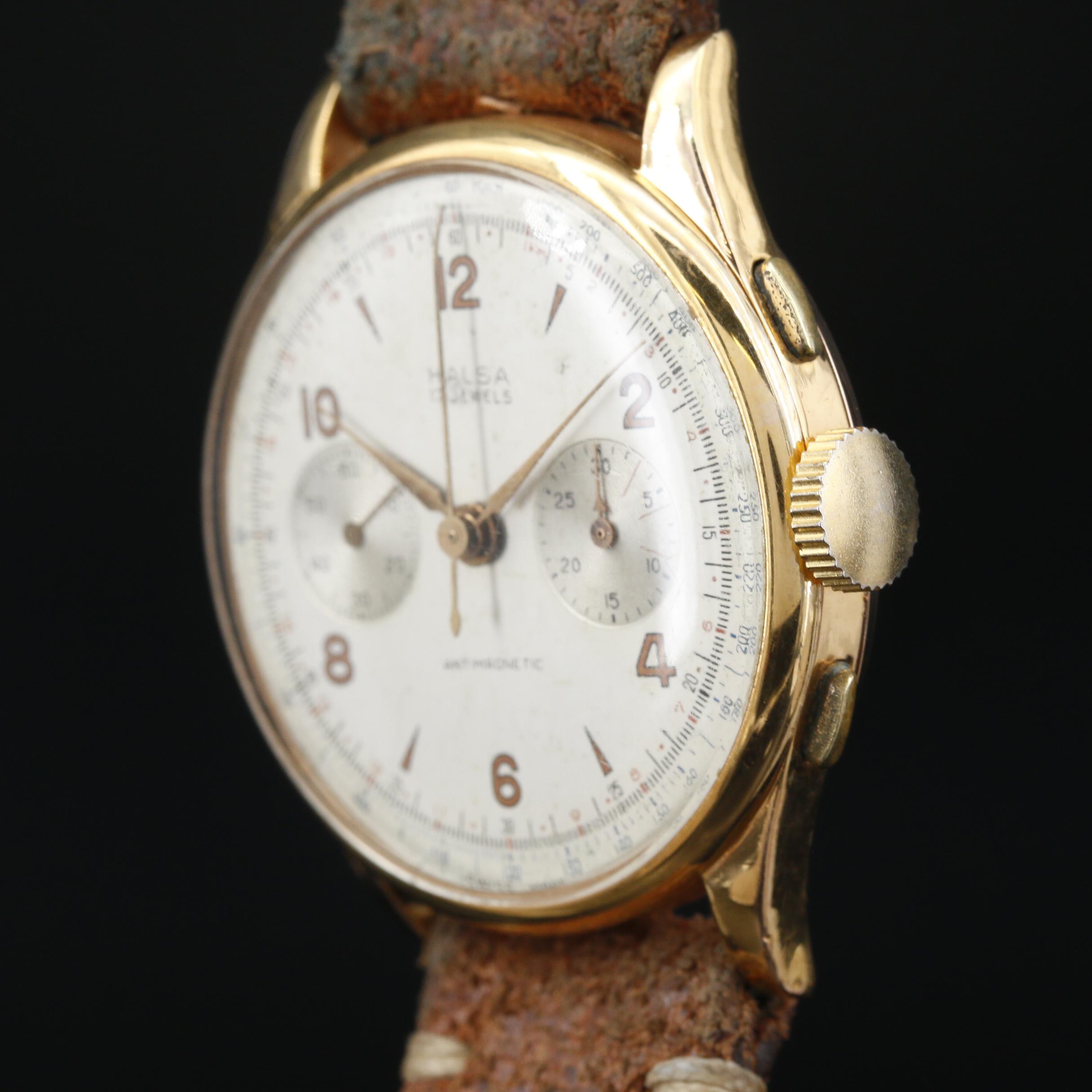 Vintage Halsa Chronograph 18K Rose Gold Stem Wind Watch