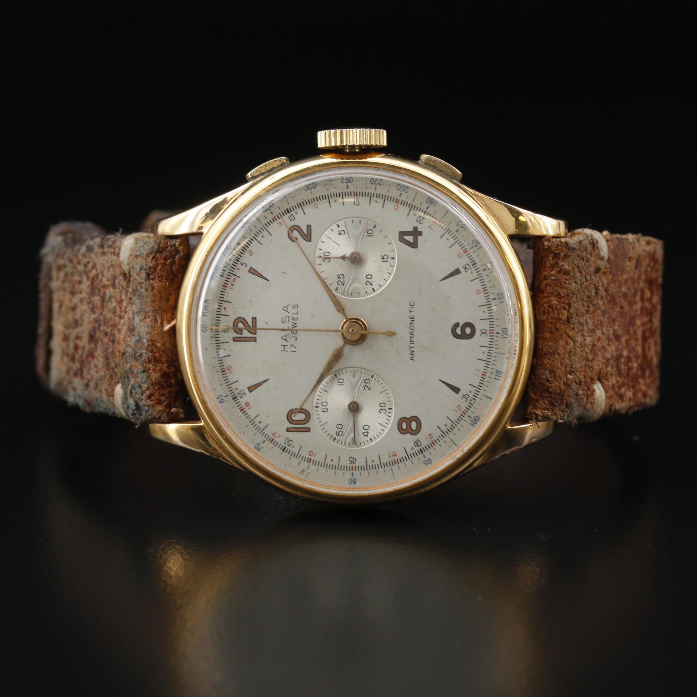 Vintage Halsa Chronograph 18K Rose Gold Stem Wind Watch