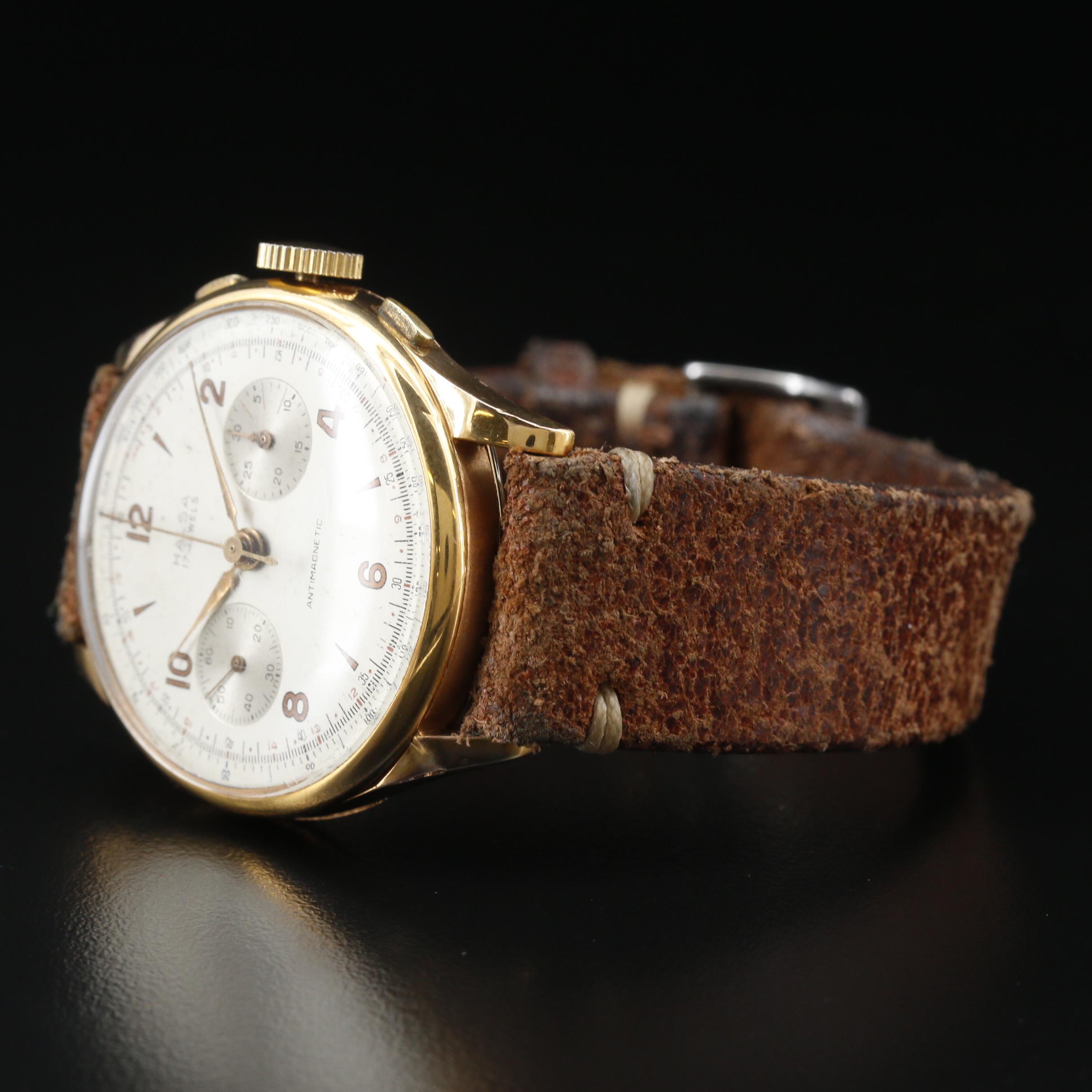 Vintage Halsa Chronograph 18K Rose Gold Stem Wind Watch