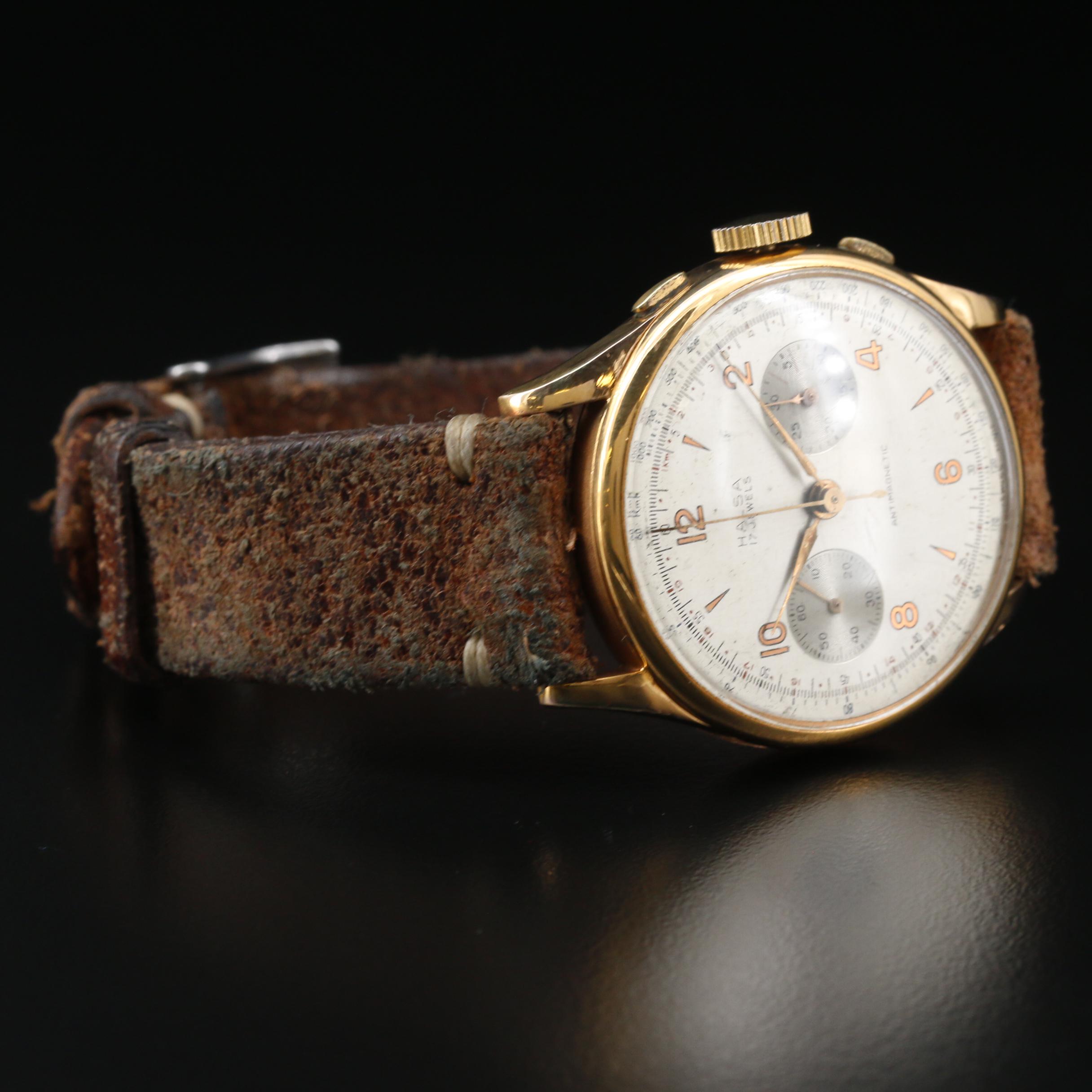 Vintage Halsa Chronograph 18K Rose Gold Stem Wind Watch