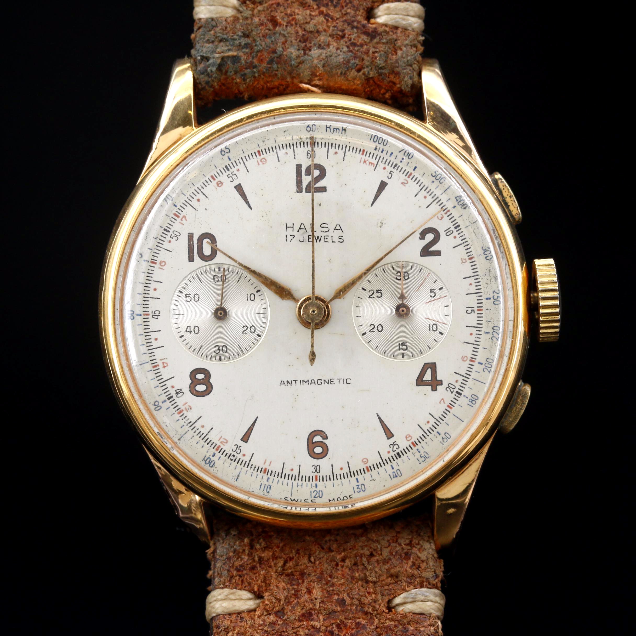 Vintage Halsa Chronograph 18K Rose Gold Stem Wind Watch
