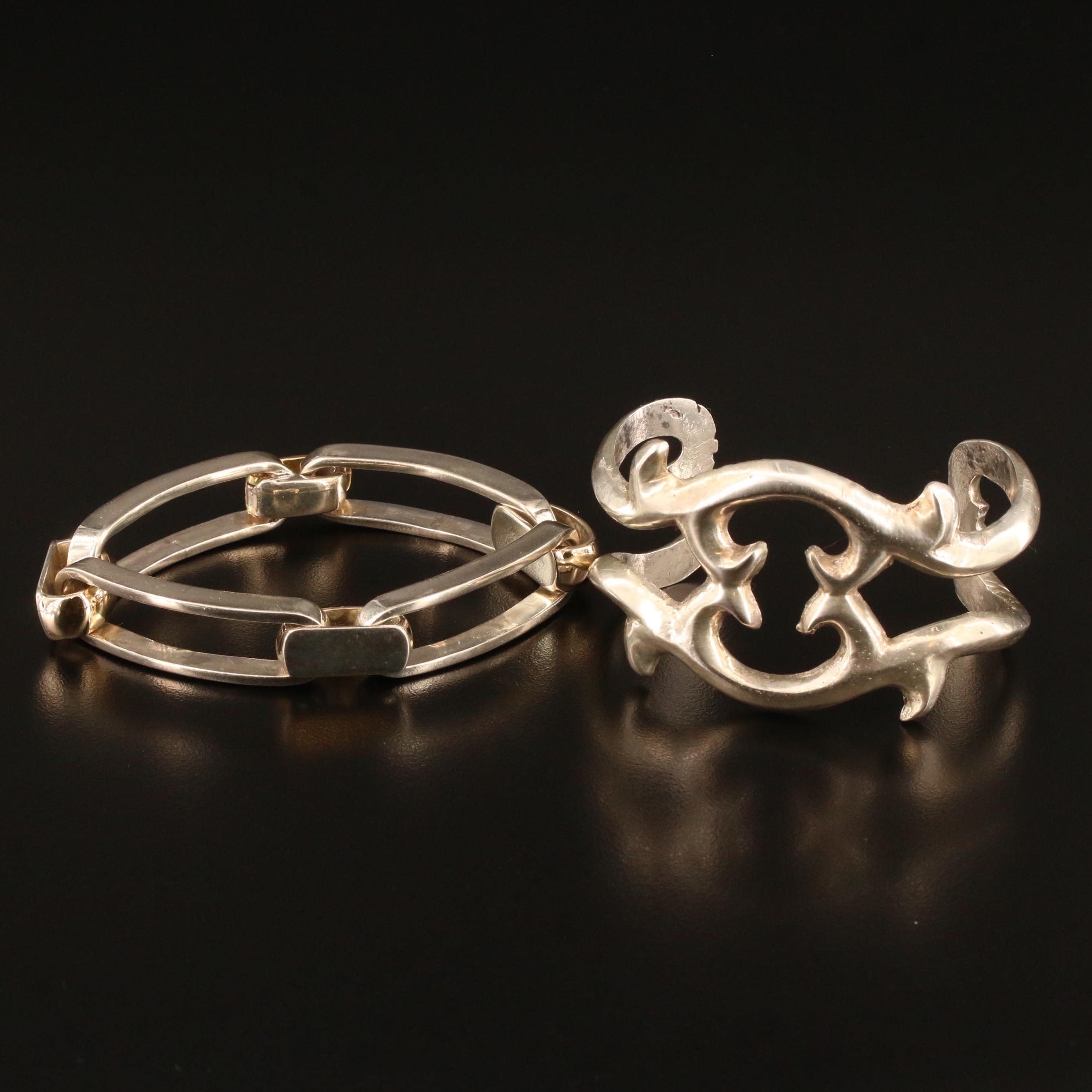 Sterling Silver Sand Cast Cuff and Oval Link Bracelets
